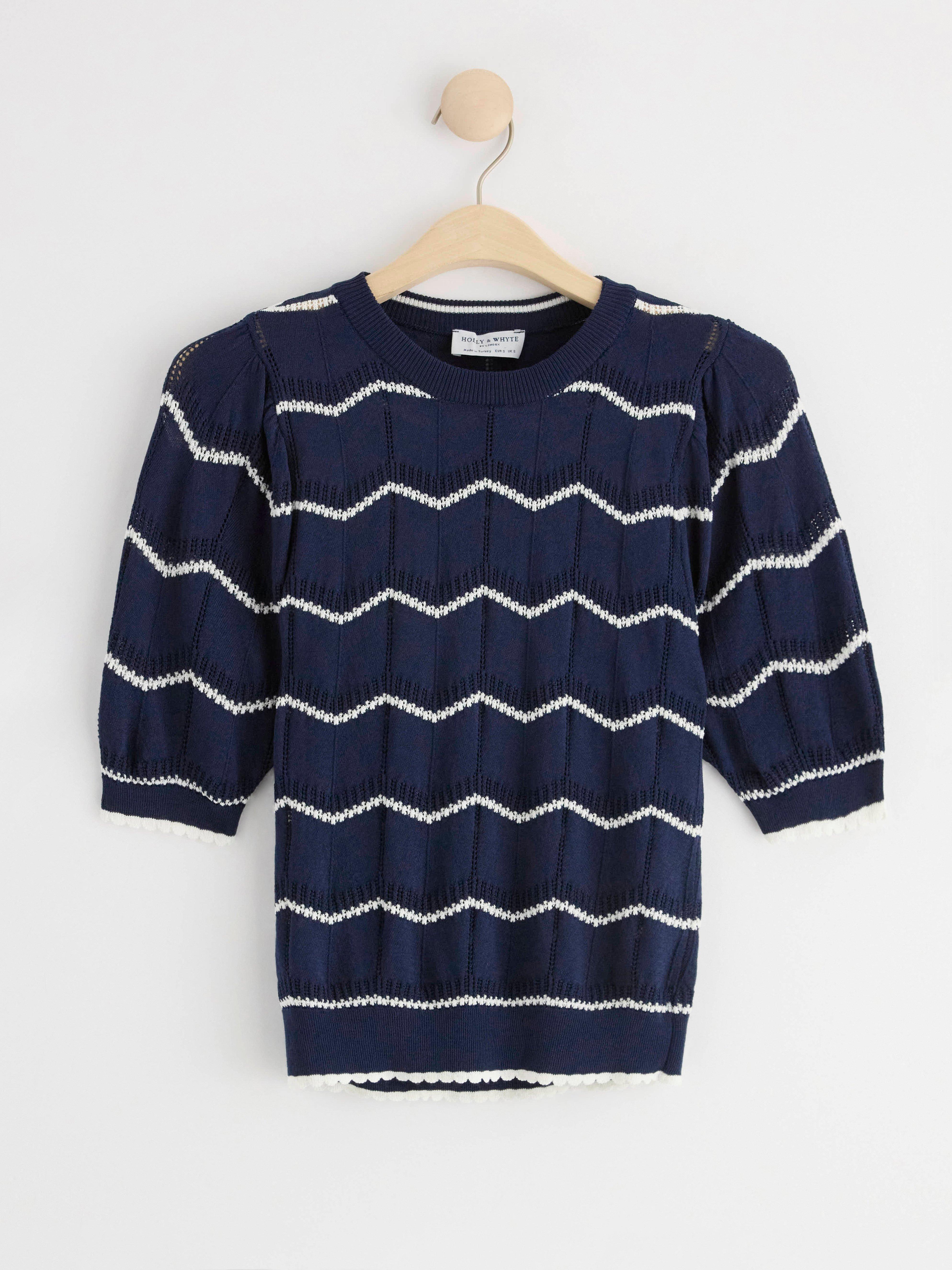 Pattern knitted striped short sleeve jumper Navy