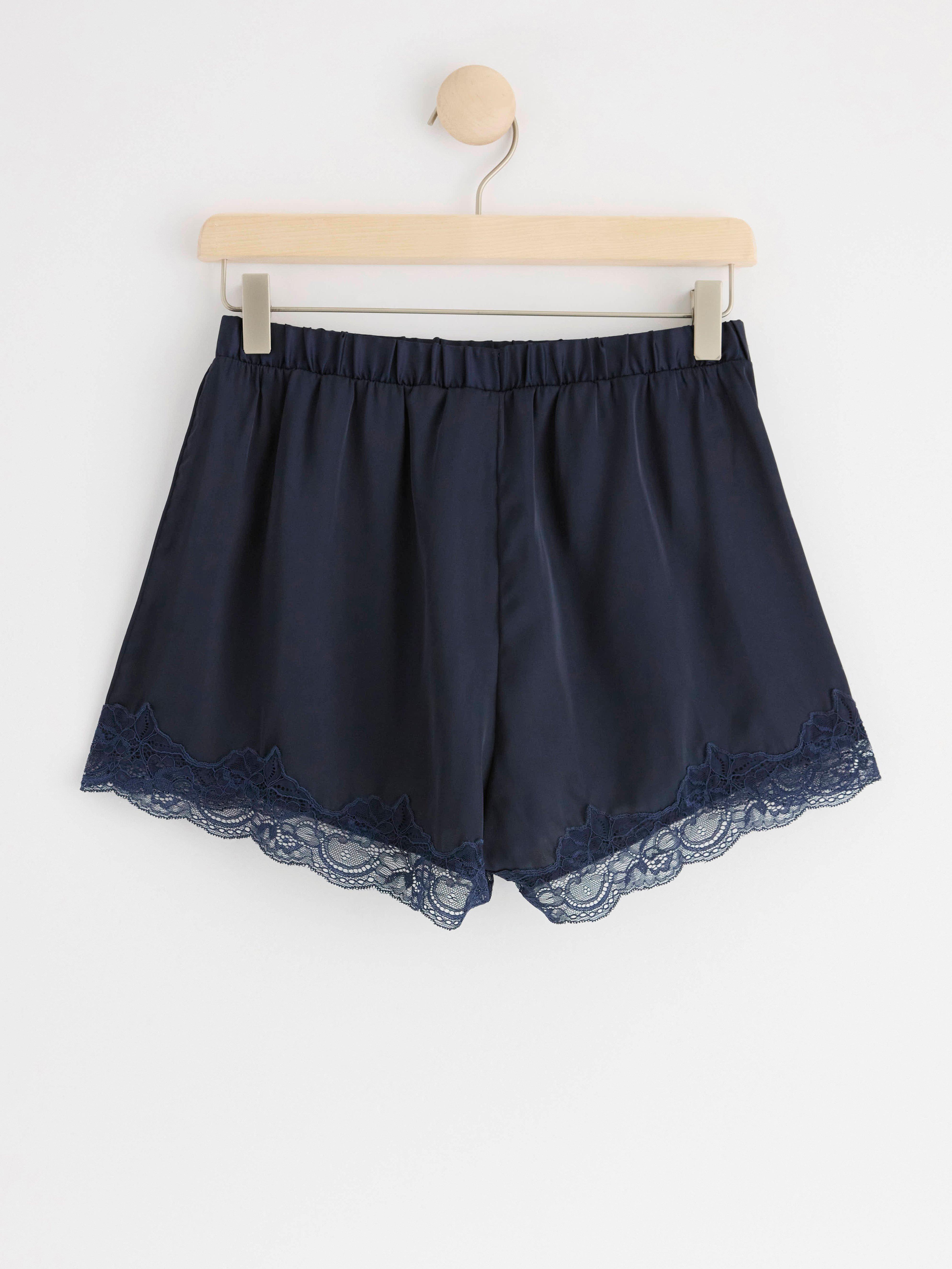 Satin pyjama shorts with lace Navy