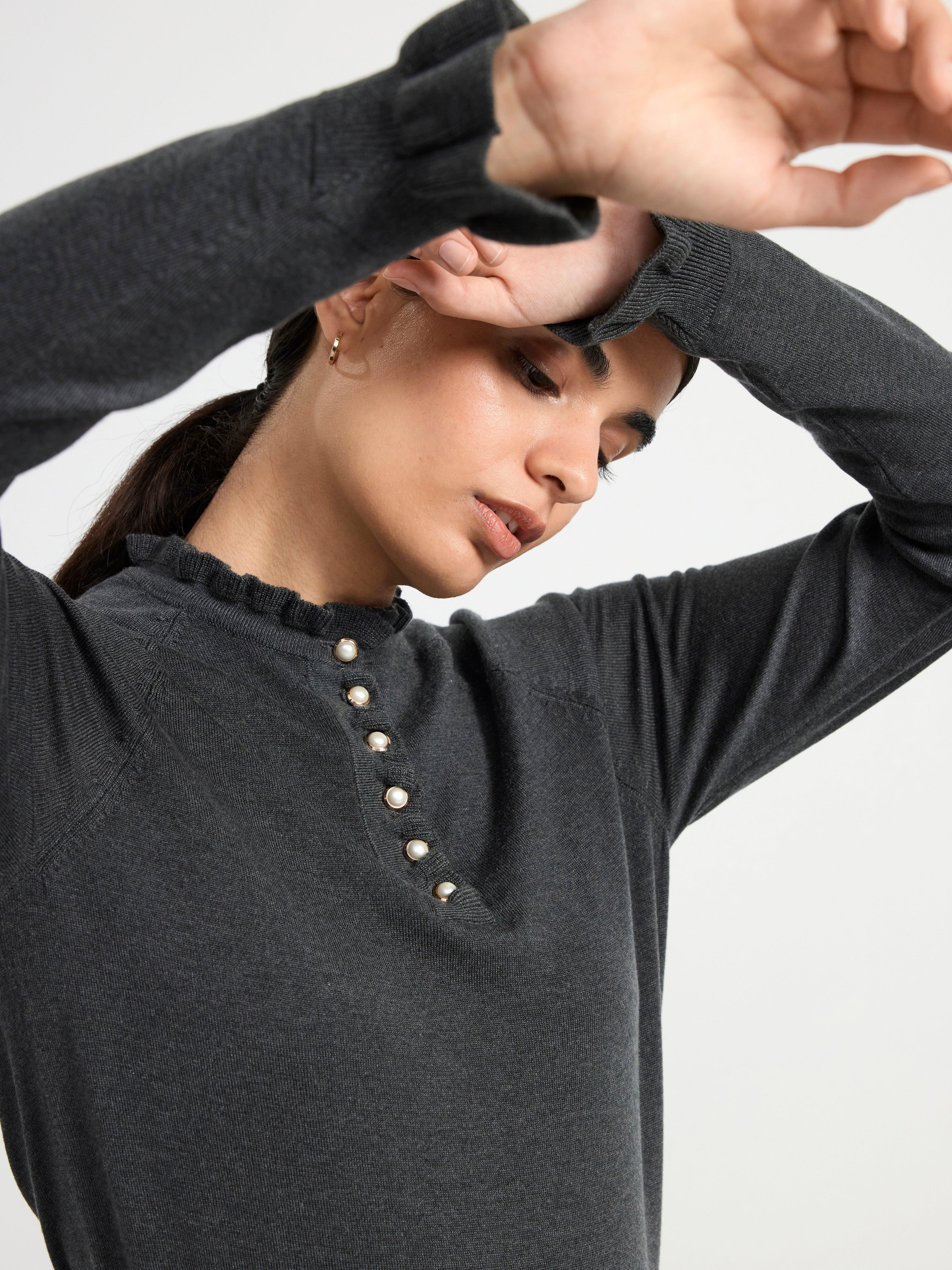 Fine-knit jumper with frill collar Dark Grey Melange