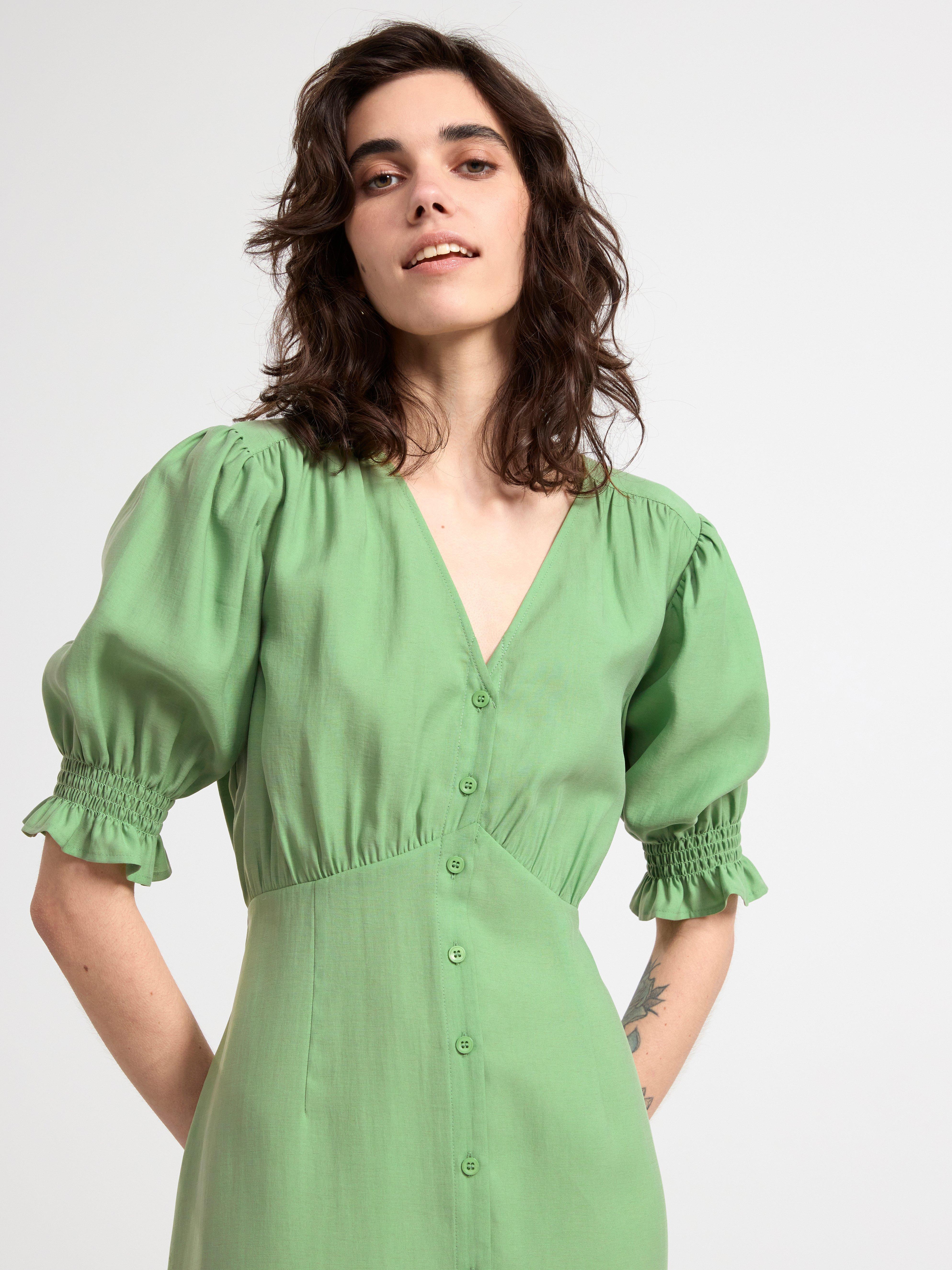 Puff sleeve midi dress Dusty Green