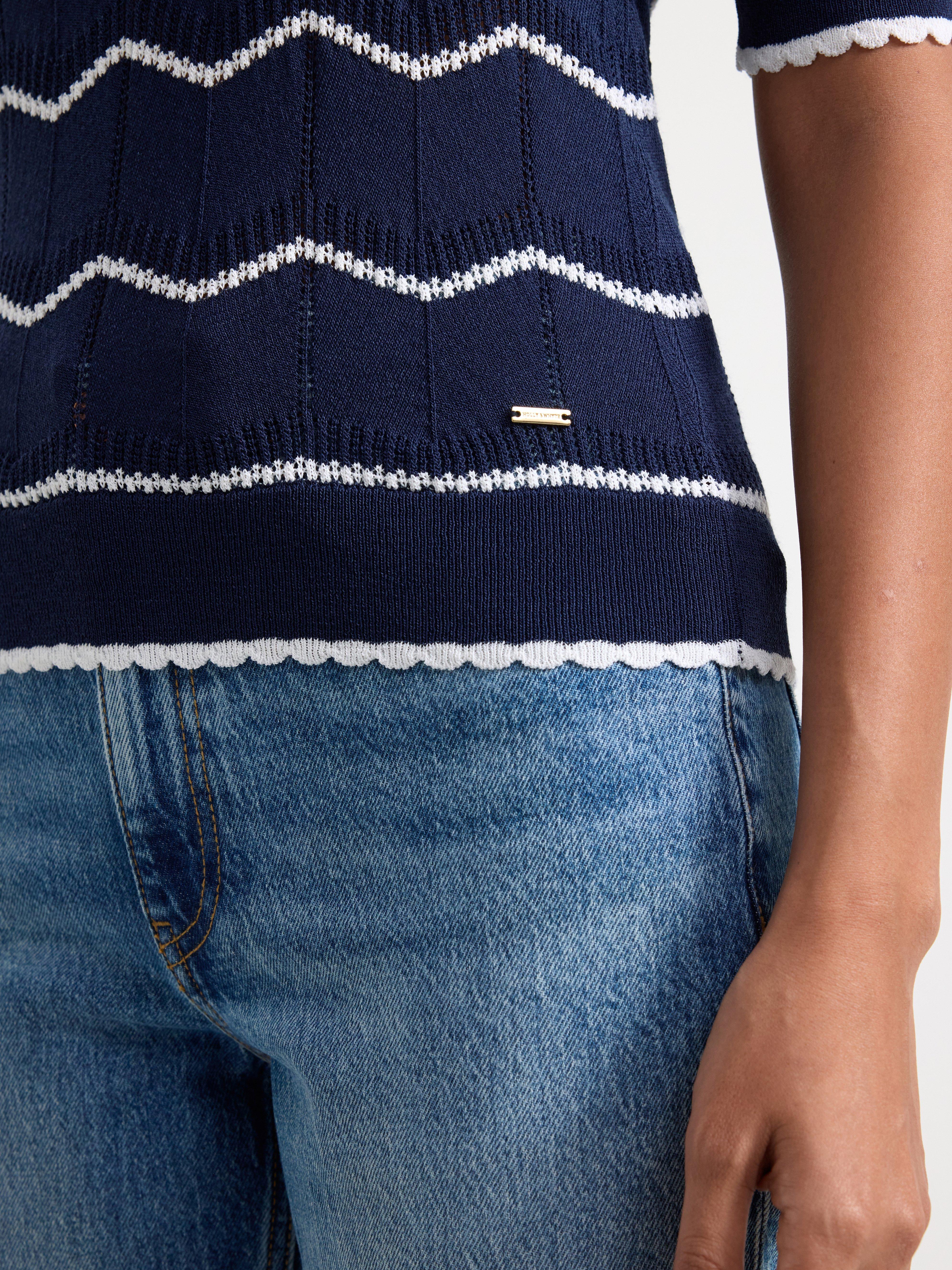 Pattern knitted striped short sleeve jumper Navy