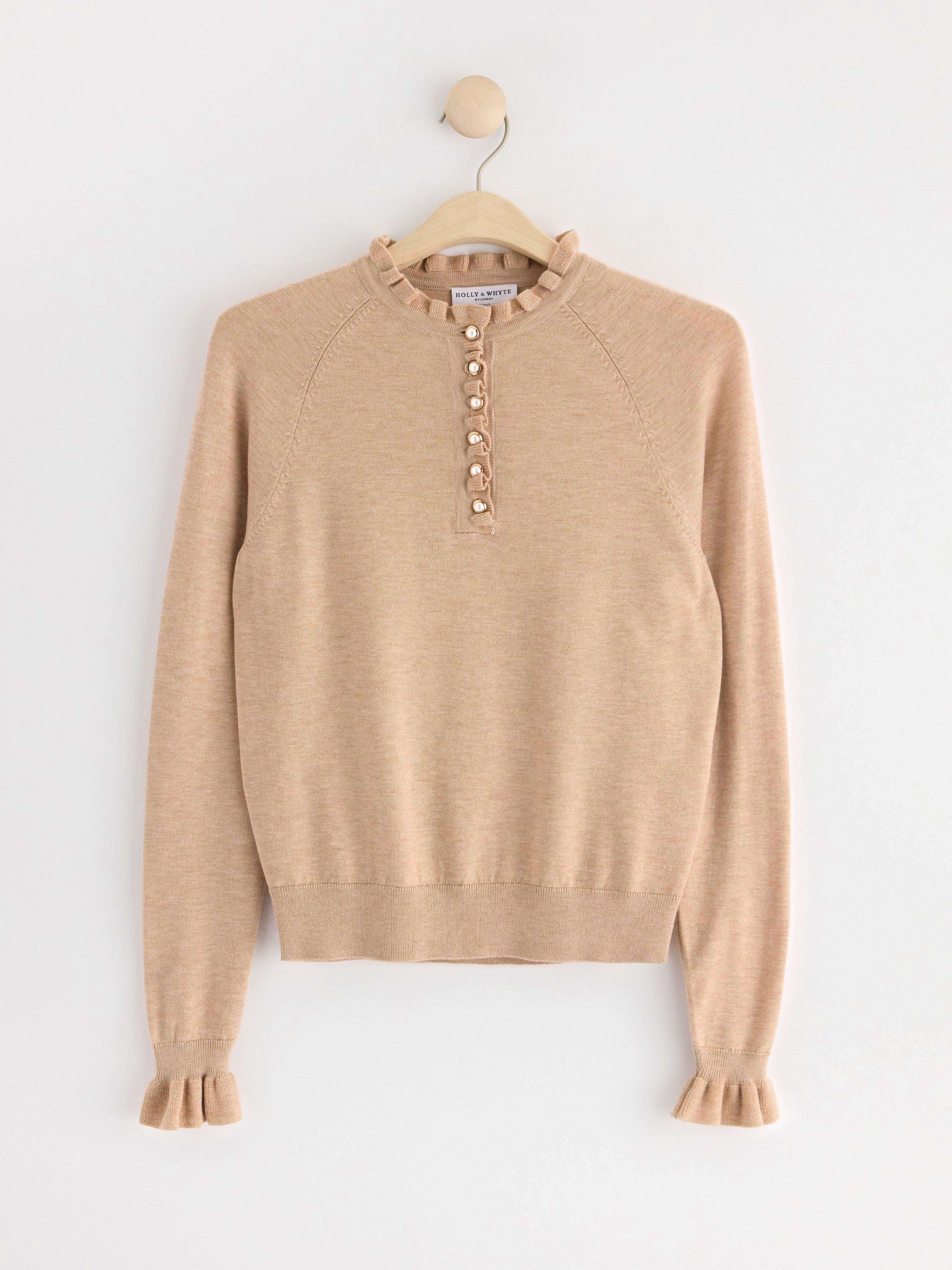 Fine-knit jumper with frill collar Beige