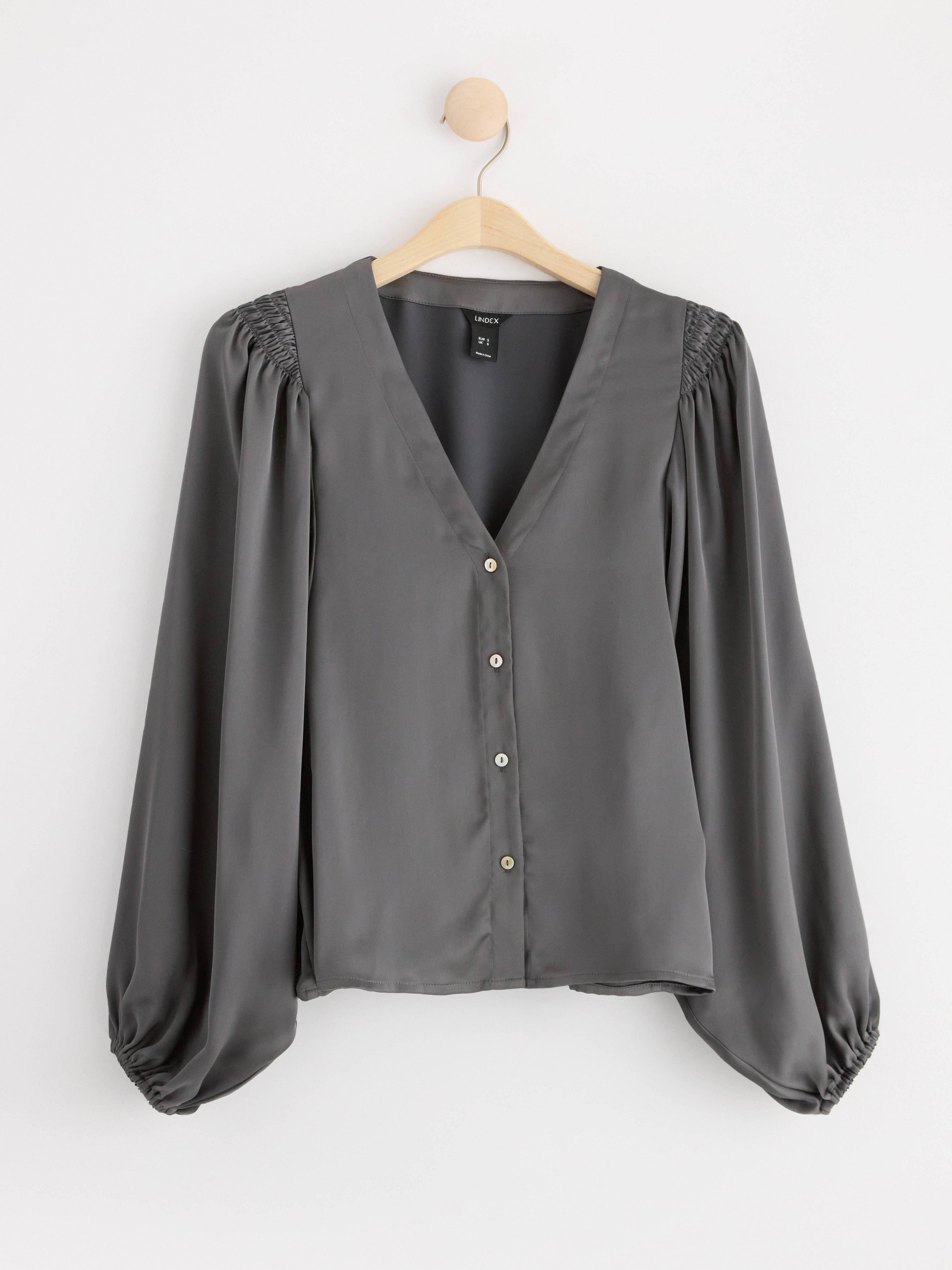 Satin blouse with long puff sleeves grey