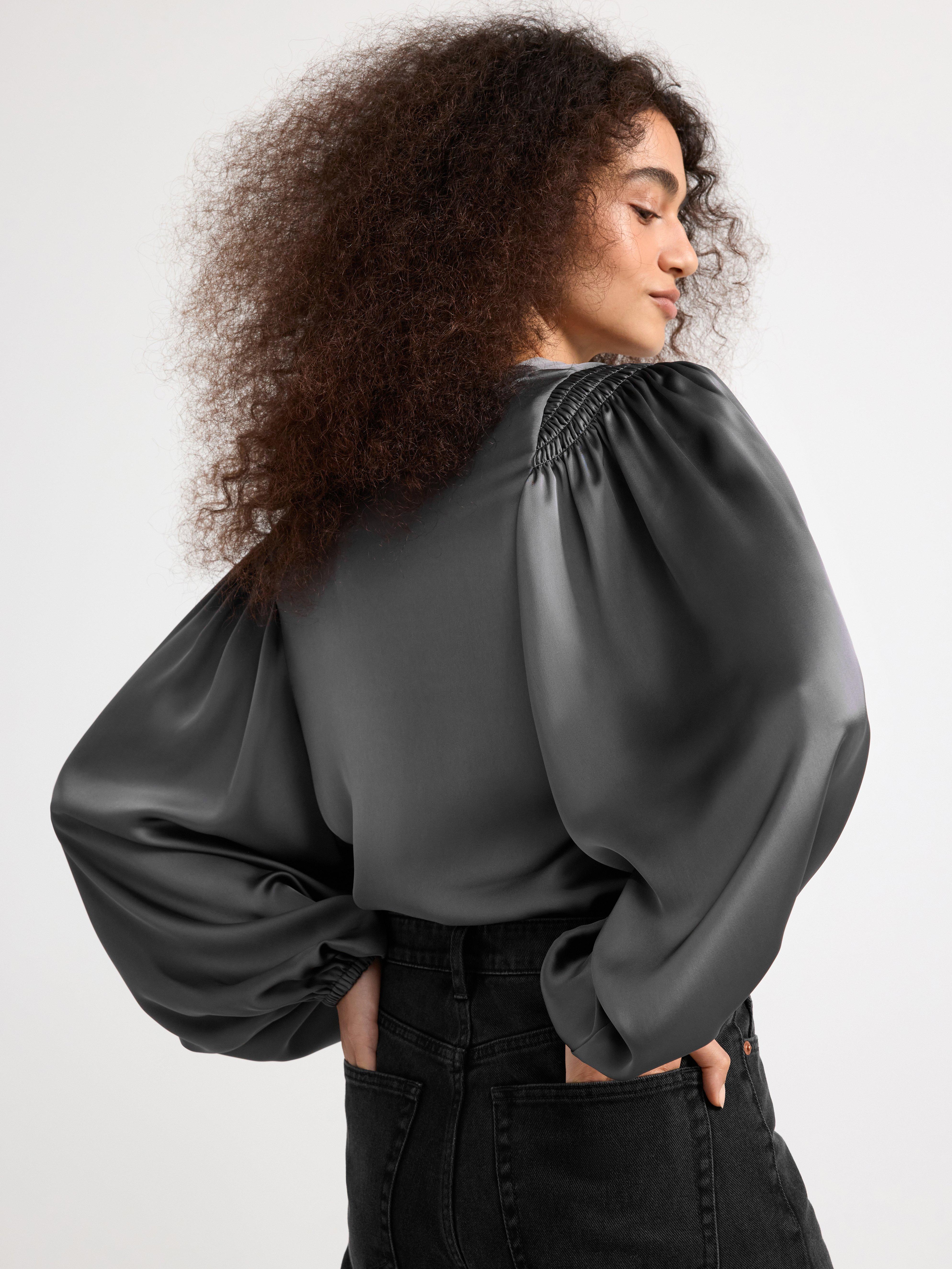 Satin blouse with long puff sleeves grey