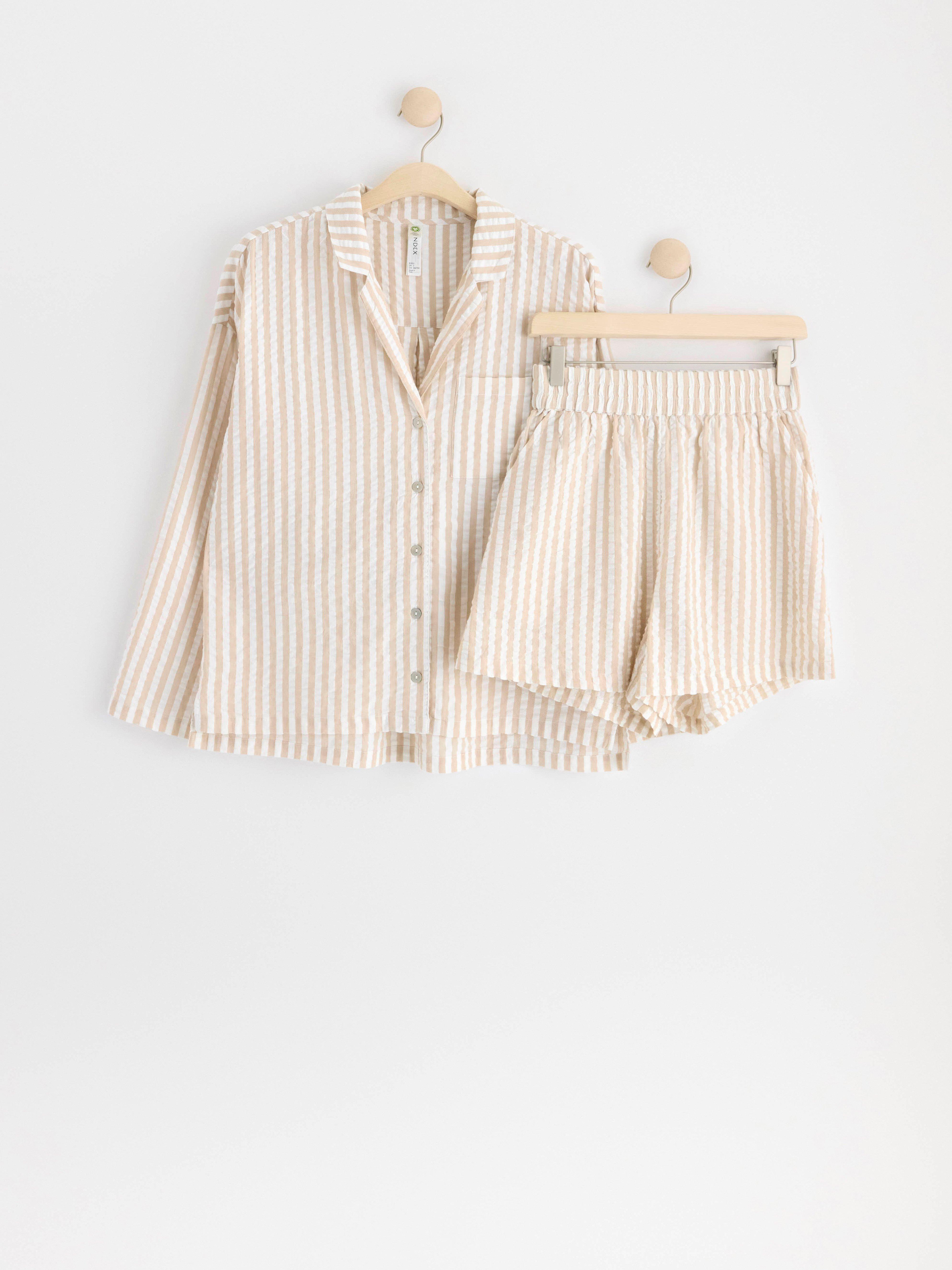 Seersucker pyjama set with shirt and shorts Beige