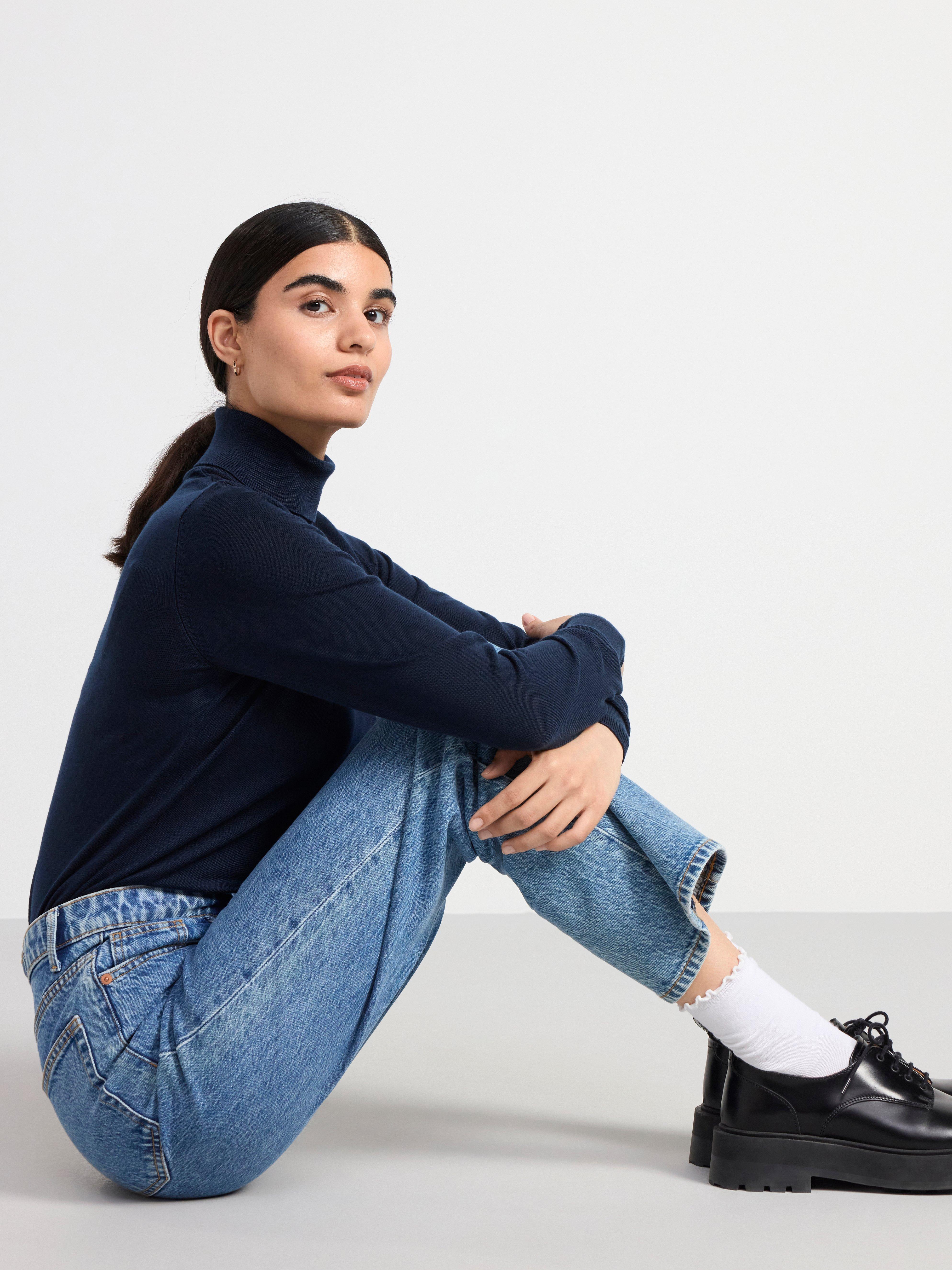 Fine-knit roll neck top Navy