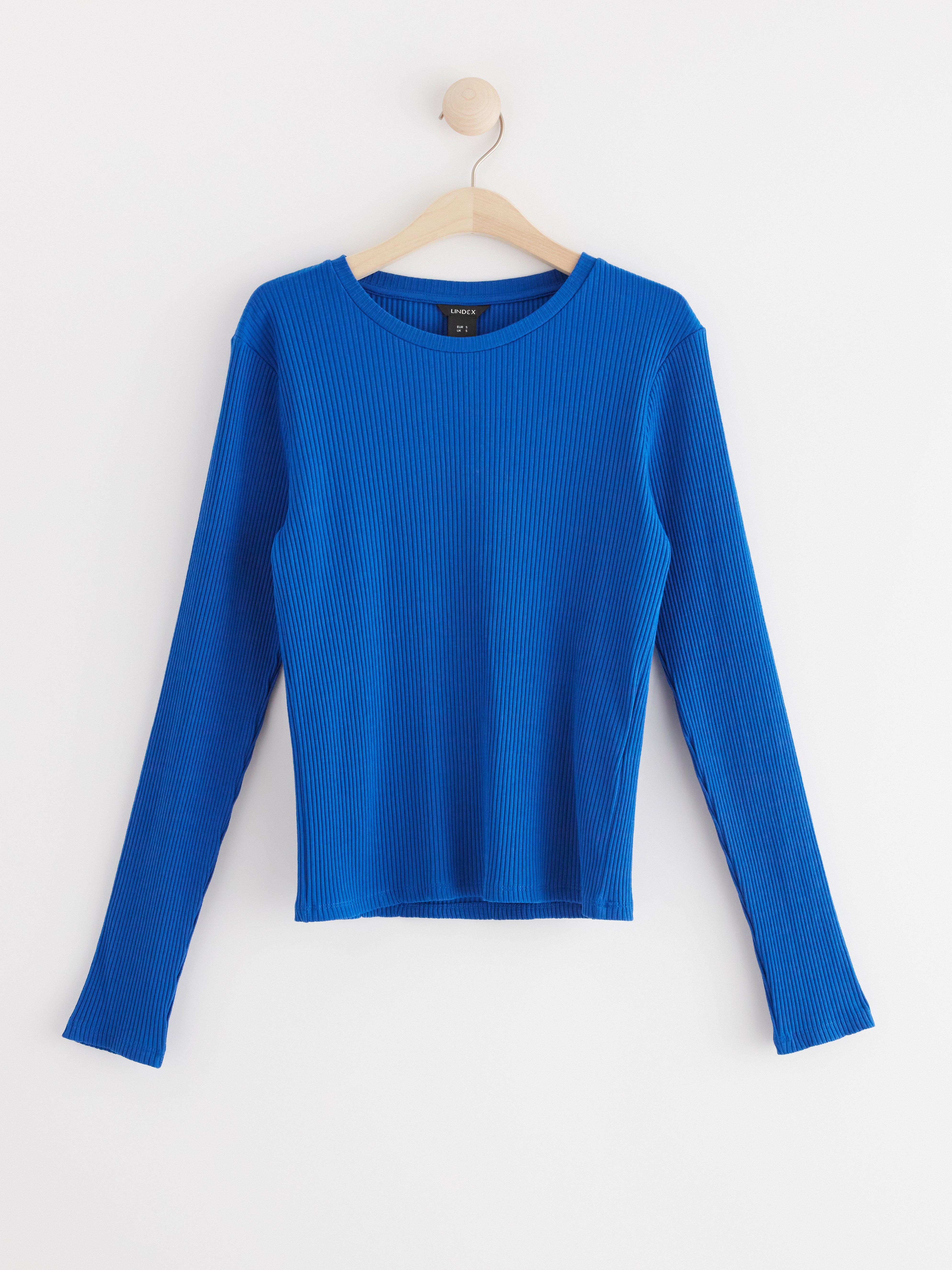 Rib-knitted long sleeve top blue