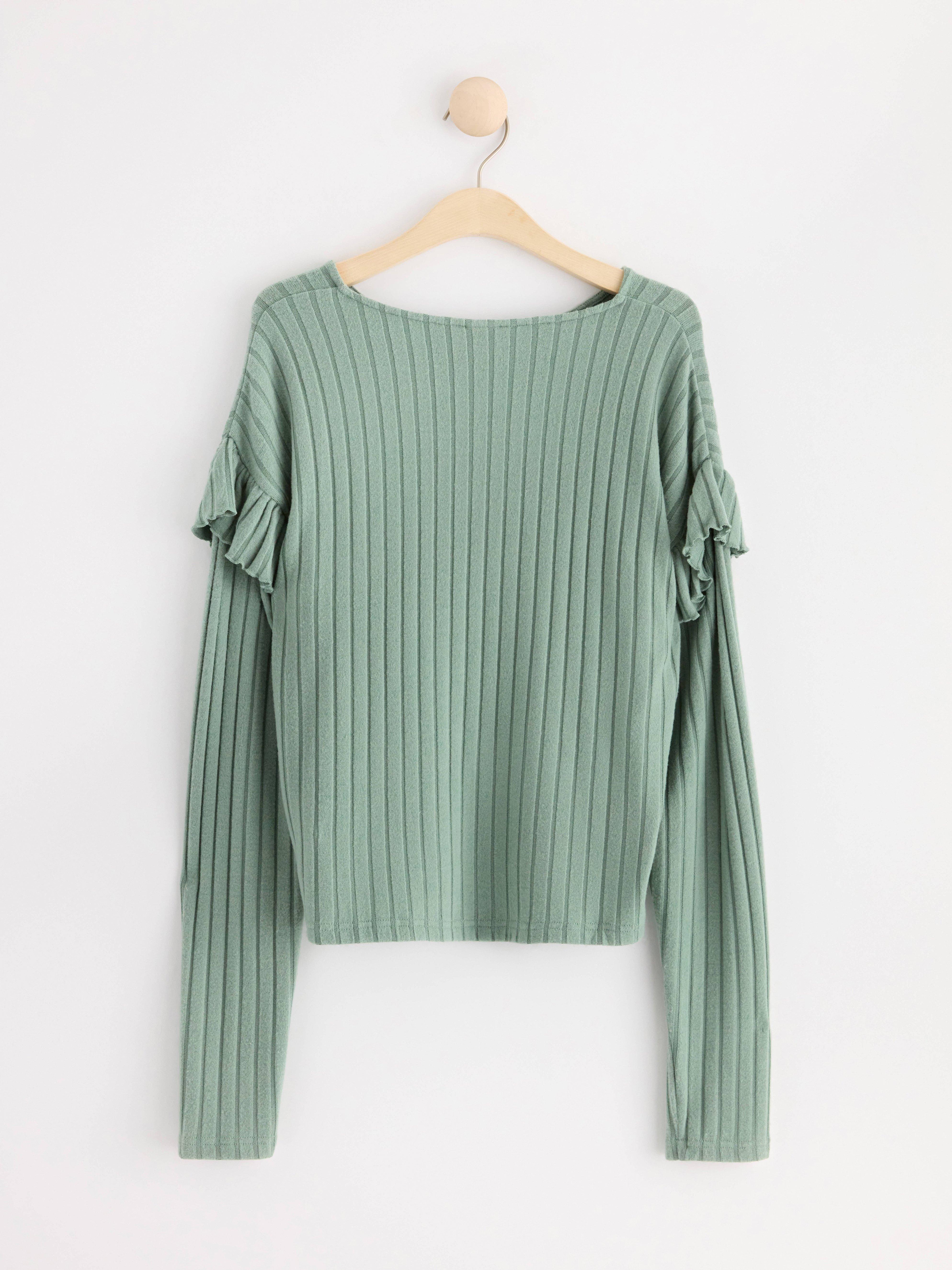 Ribbed long sleeve top with frills Light Dusty Green