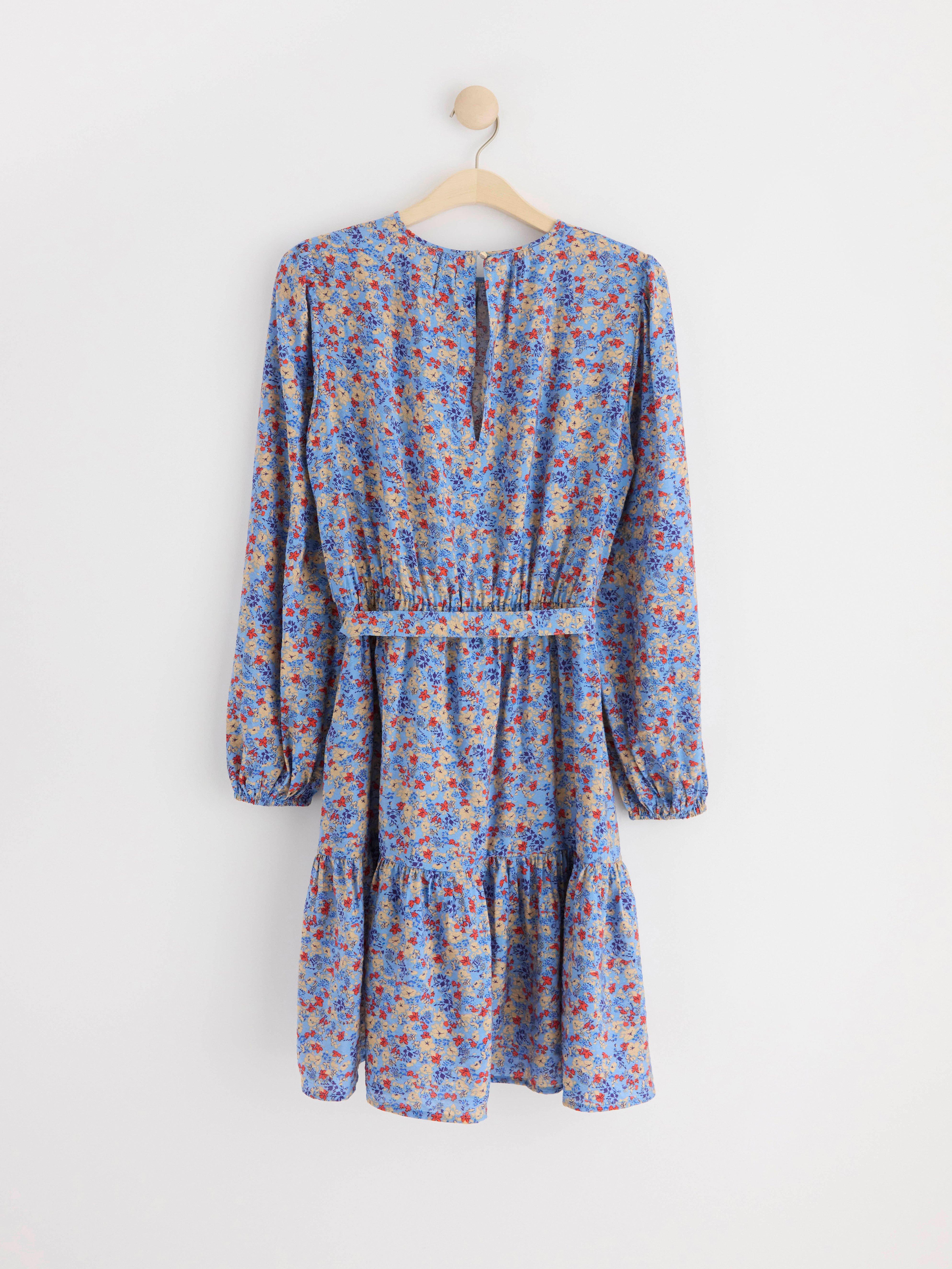 Long sleeve mini dress with flowers Light Blue