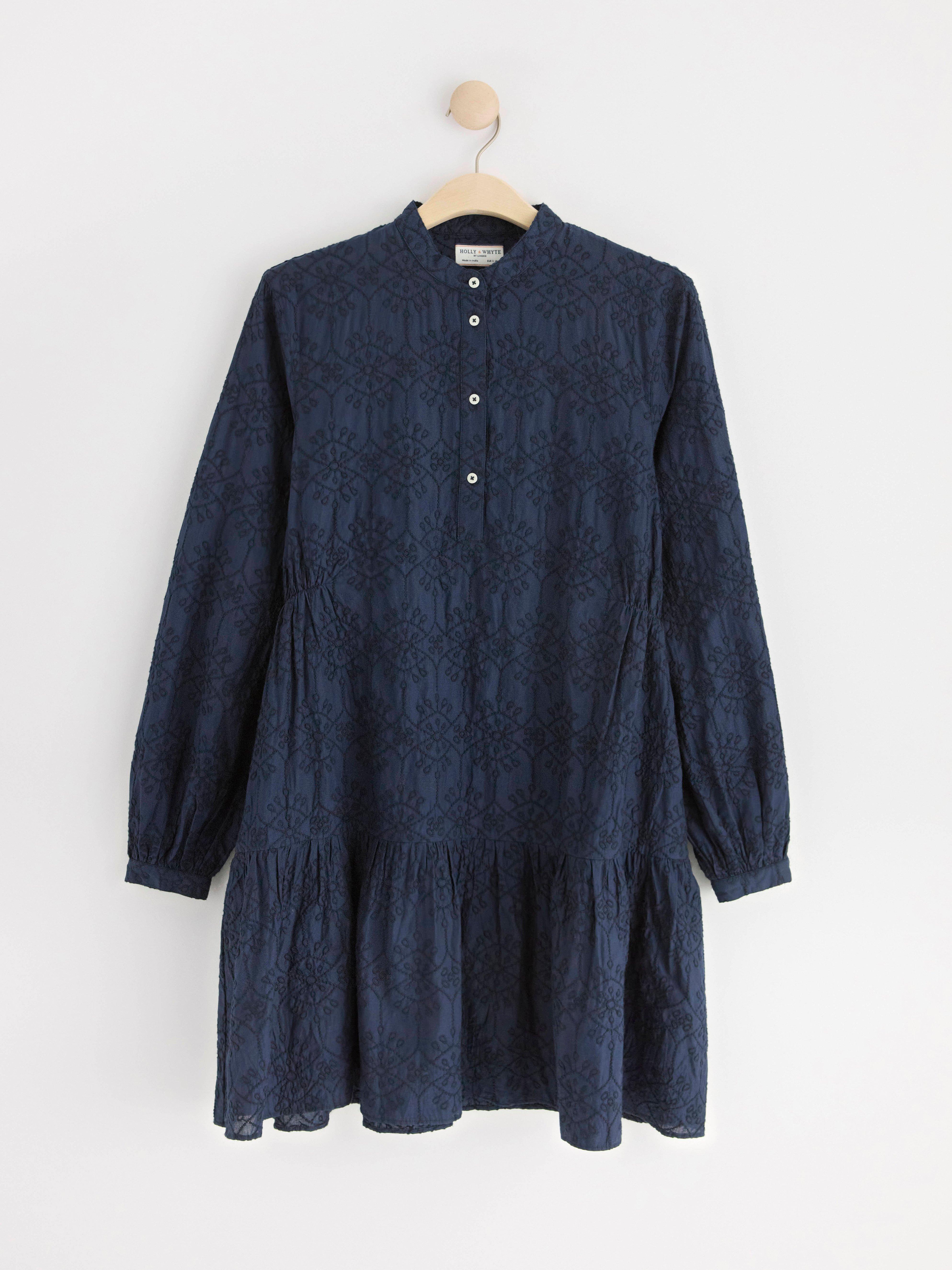 Long sleeve mini dress with embroidery Navy
