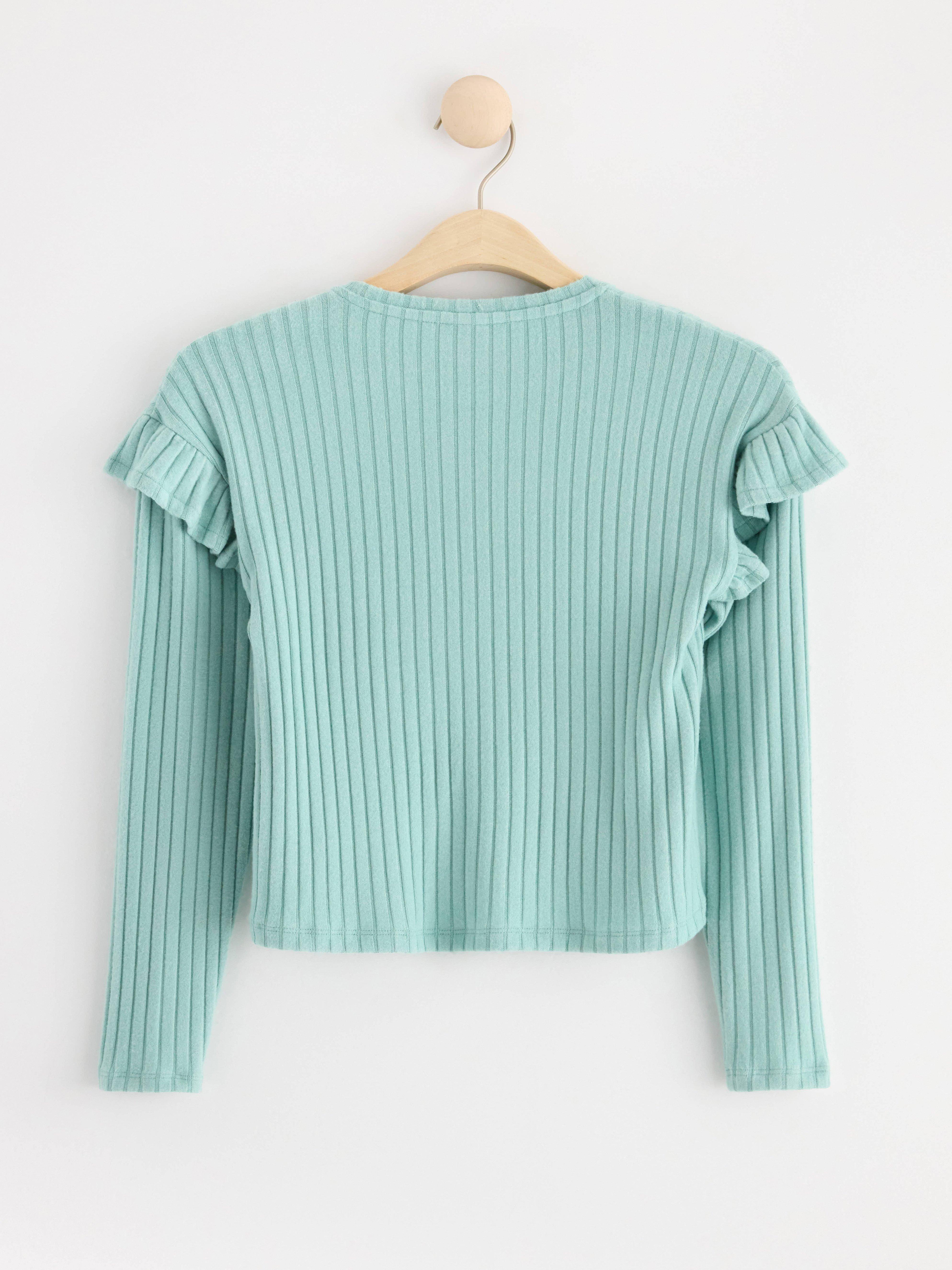 Ribbed long sleeve top with frills Dusty Aqua