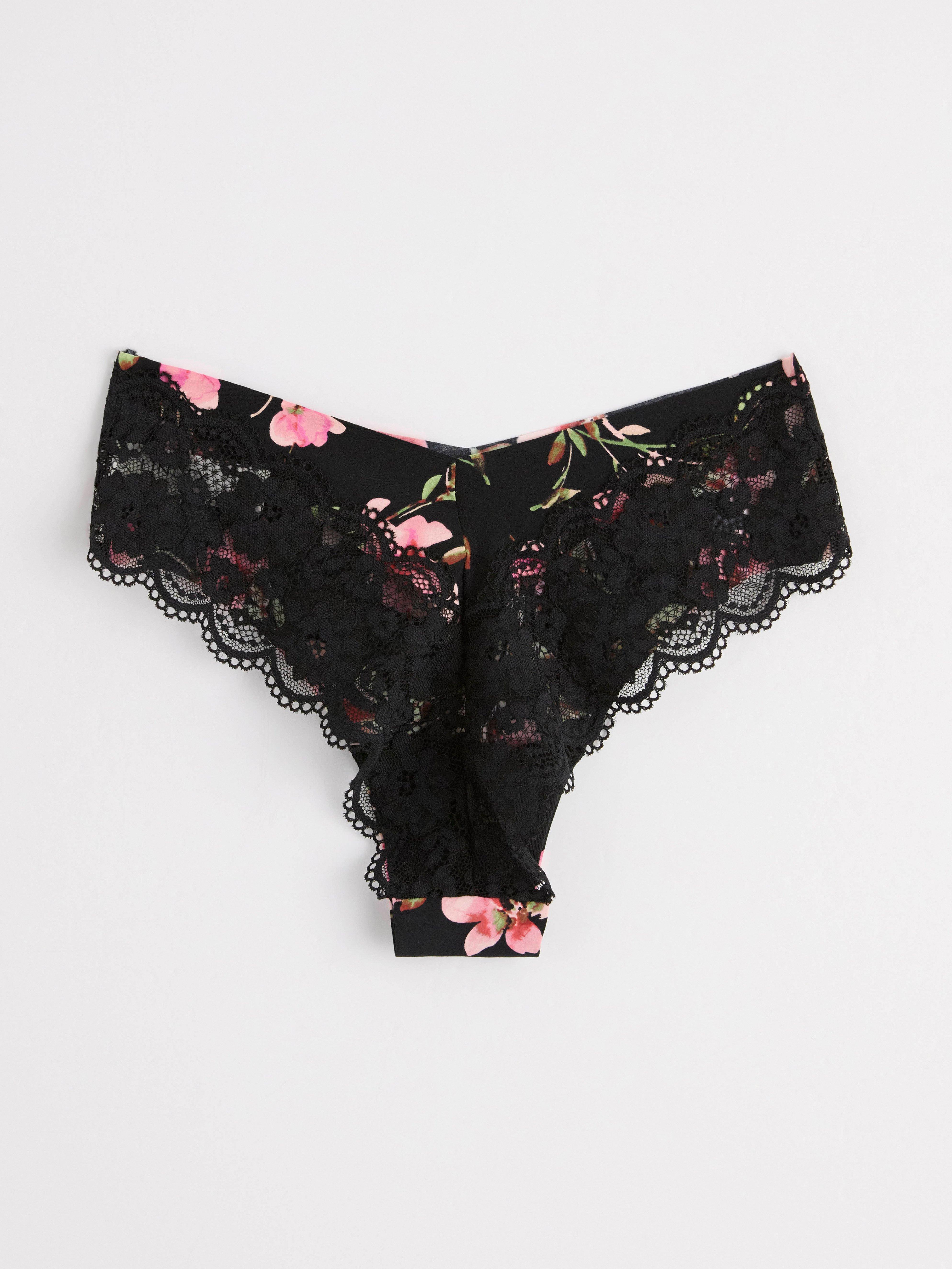 Regular waist brazilian briefs with flowers Black