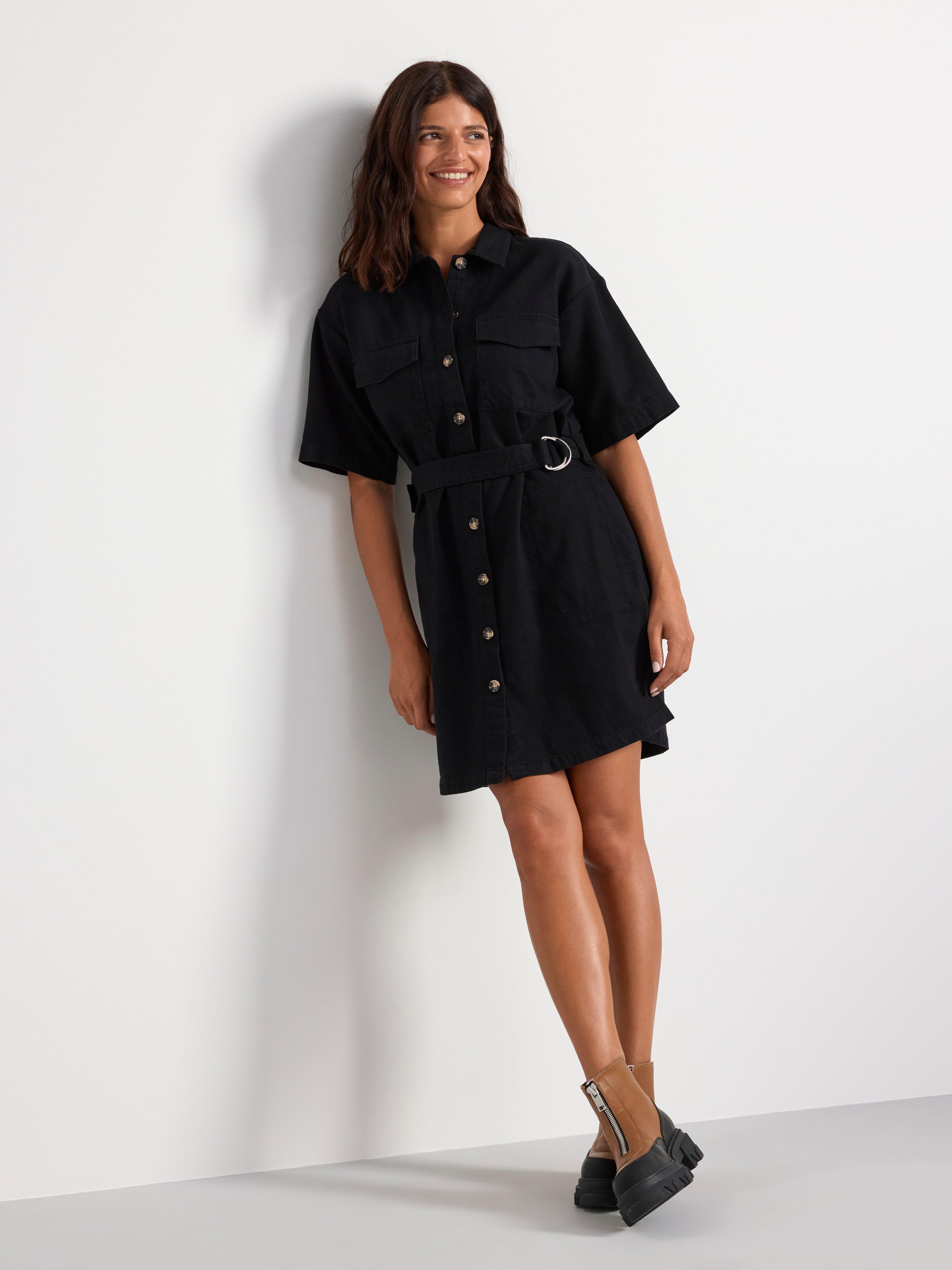 Shirt dress with pockets and belt to waist Black