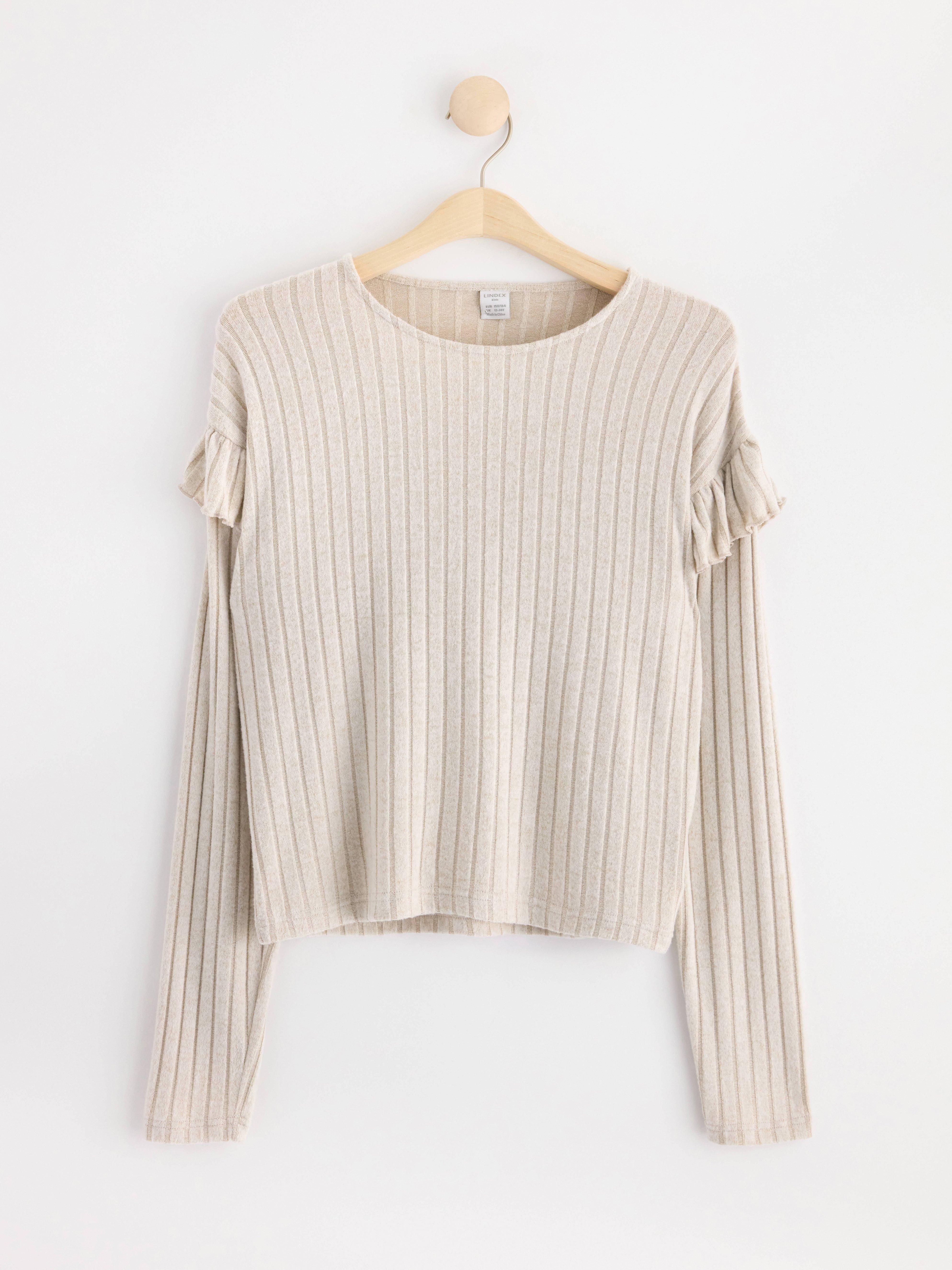 Ribbed long sleeve top with frills Light Beige Melange