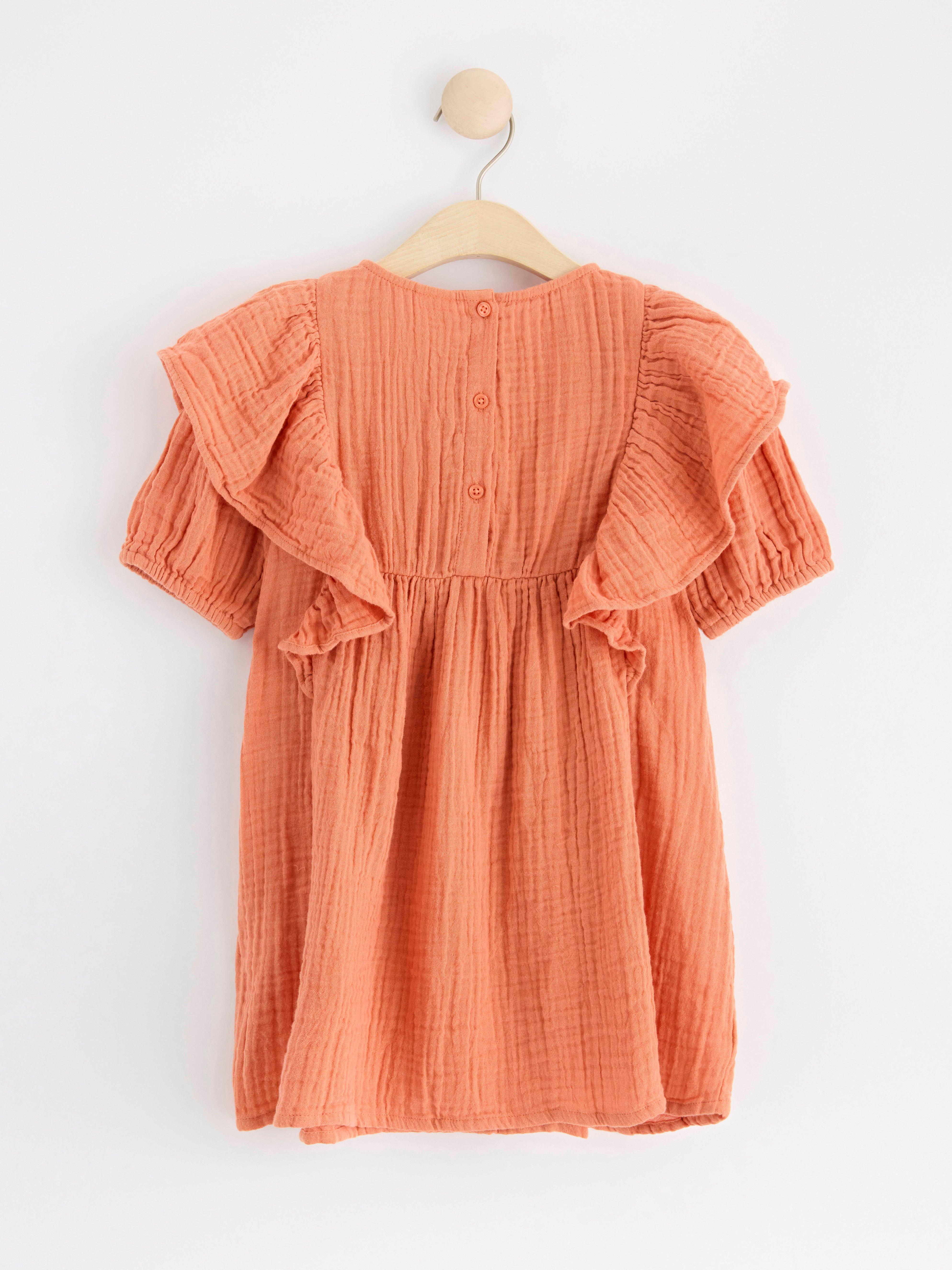 Short sleeve crinkled cotton dress Light Dusty Orange