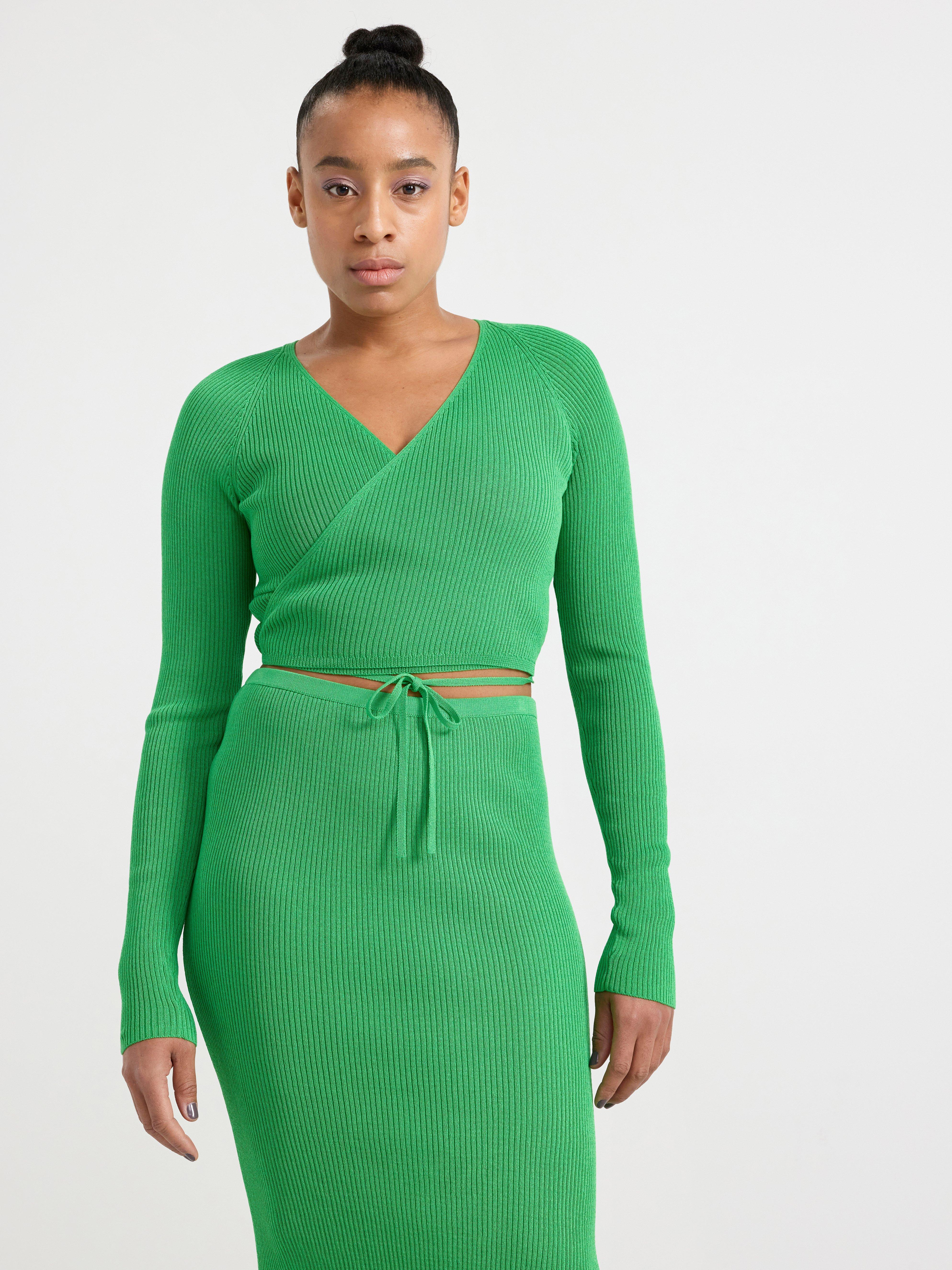 Knitted long sleeve wrap top Green