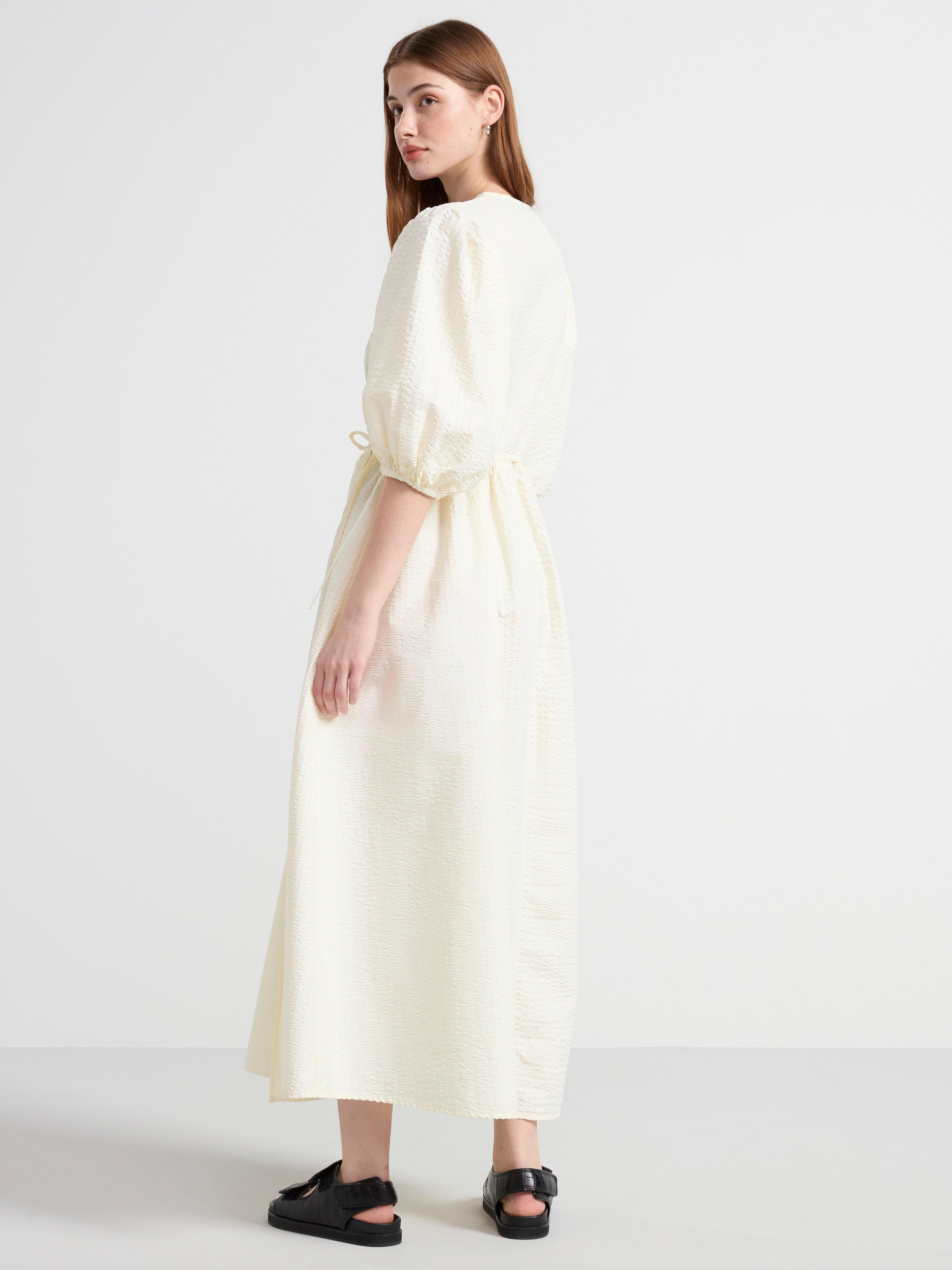 Seersucker wrap dress with puff sleeves Off White