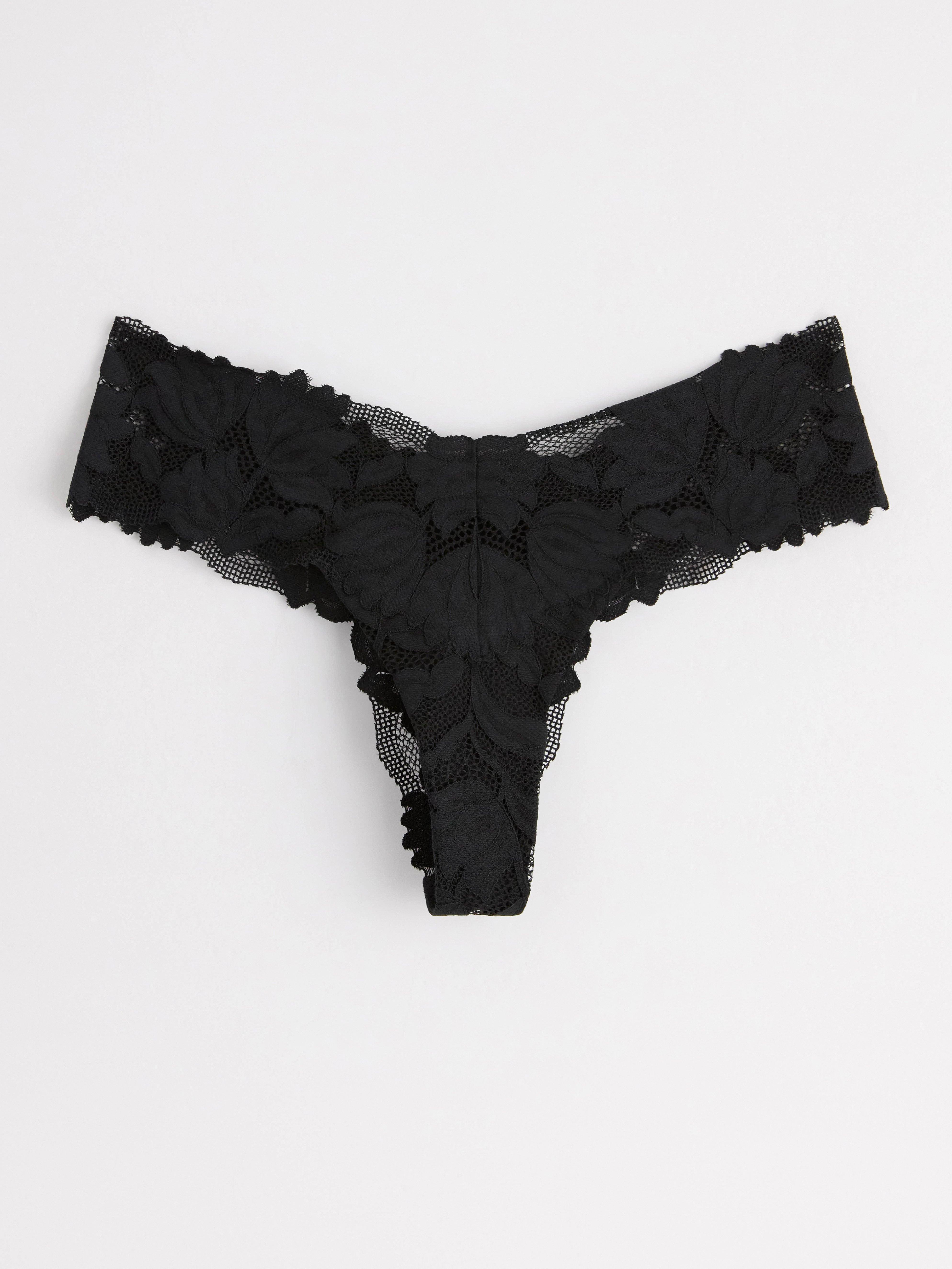 Thong low waist with mesh and lace Black