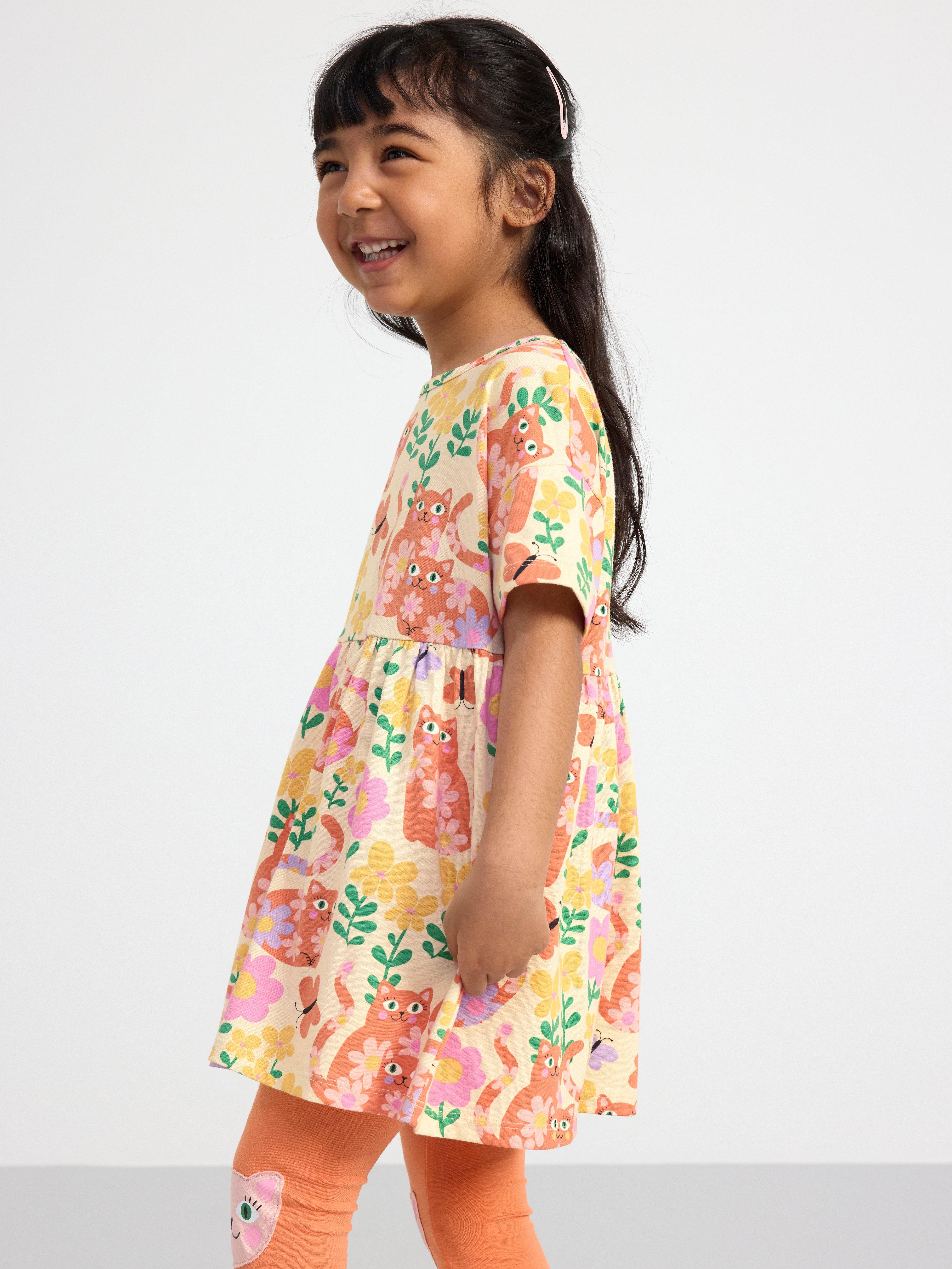 Short sleeve dress with cats and flowers Light Beige