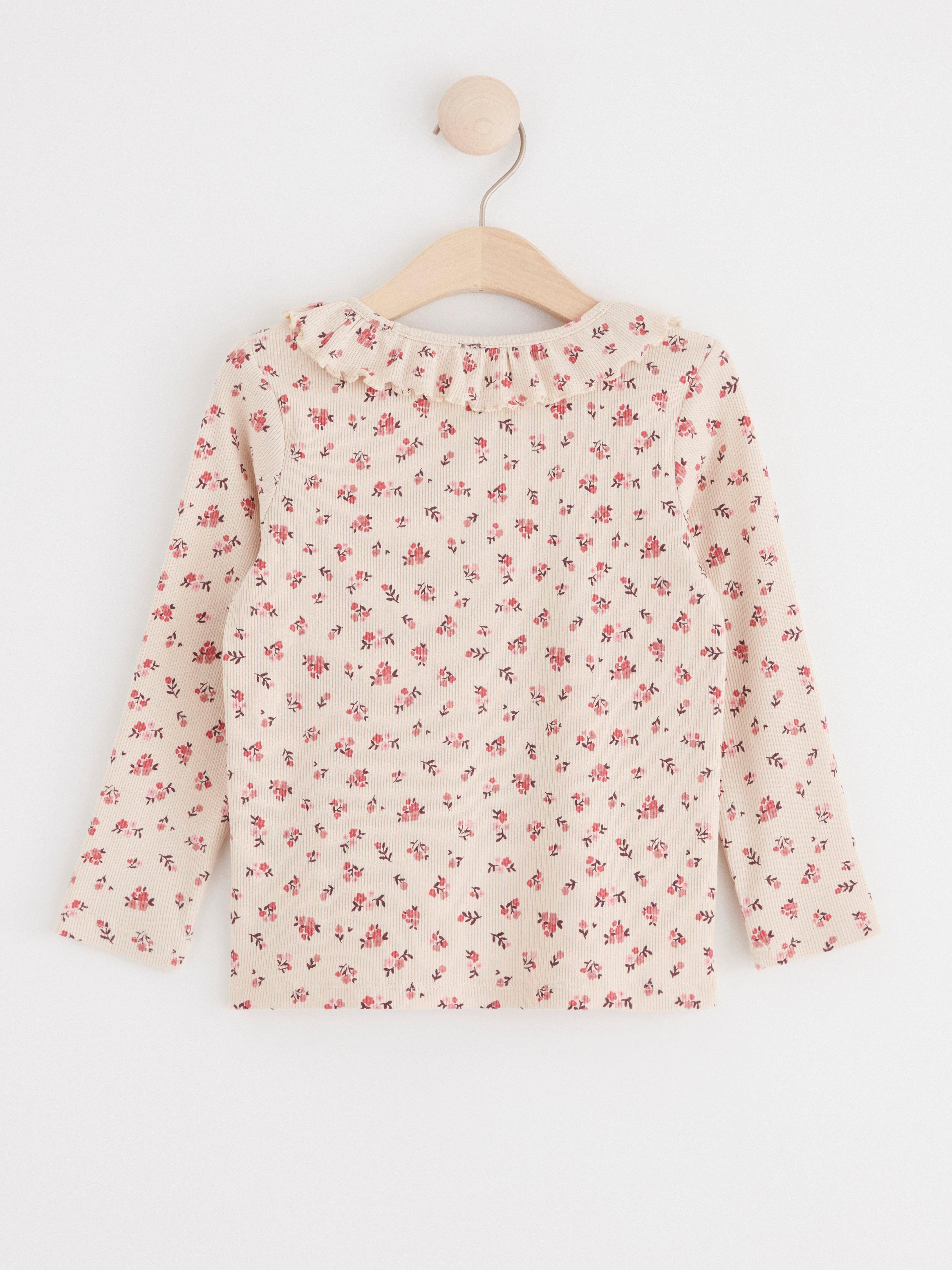 Ribbed top with flowers and frill collar Light Beige