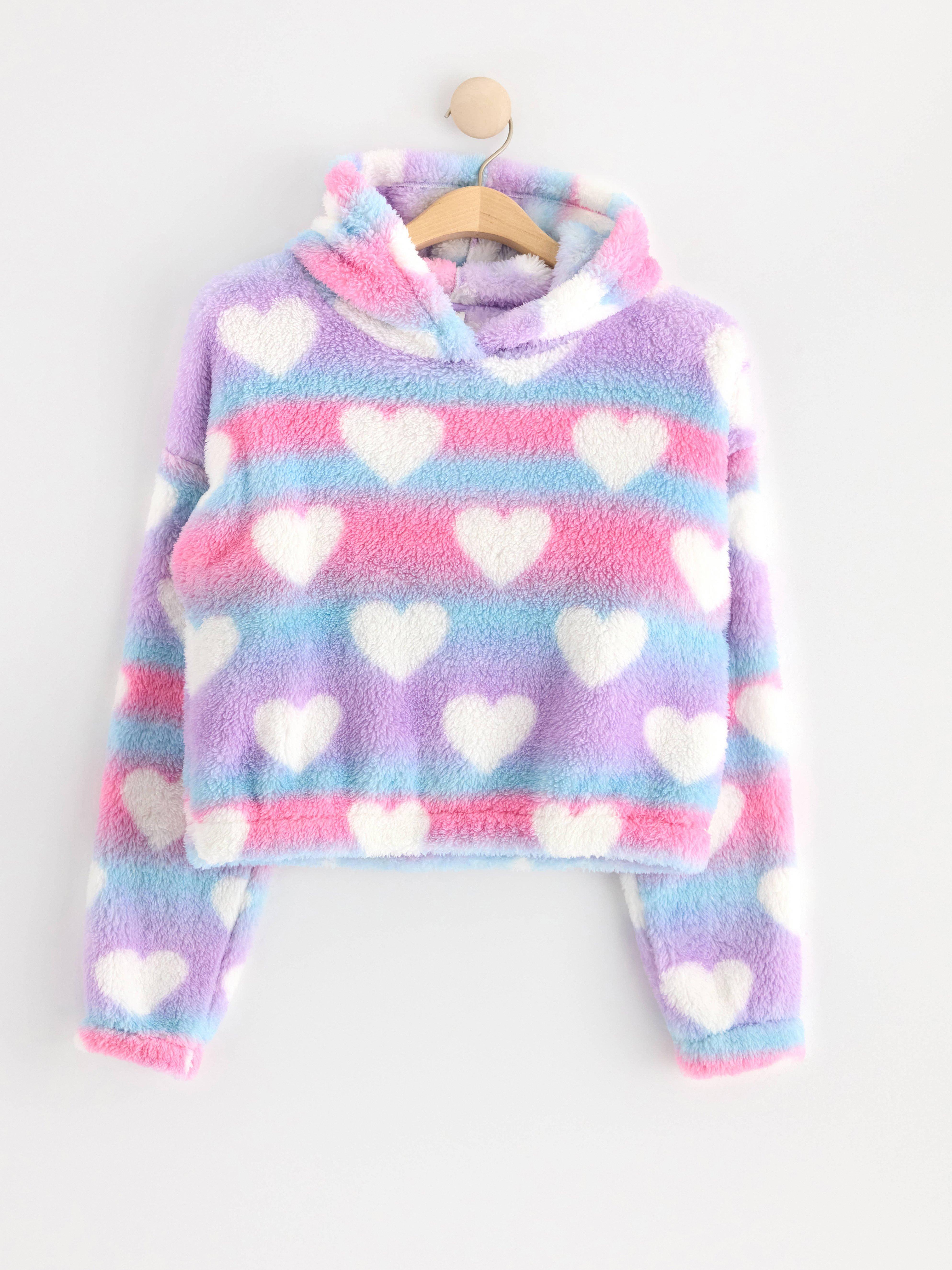 Cropped hooded pile jumper with hearts Light Pink