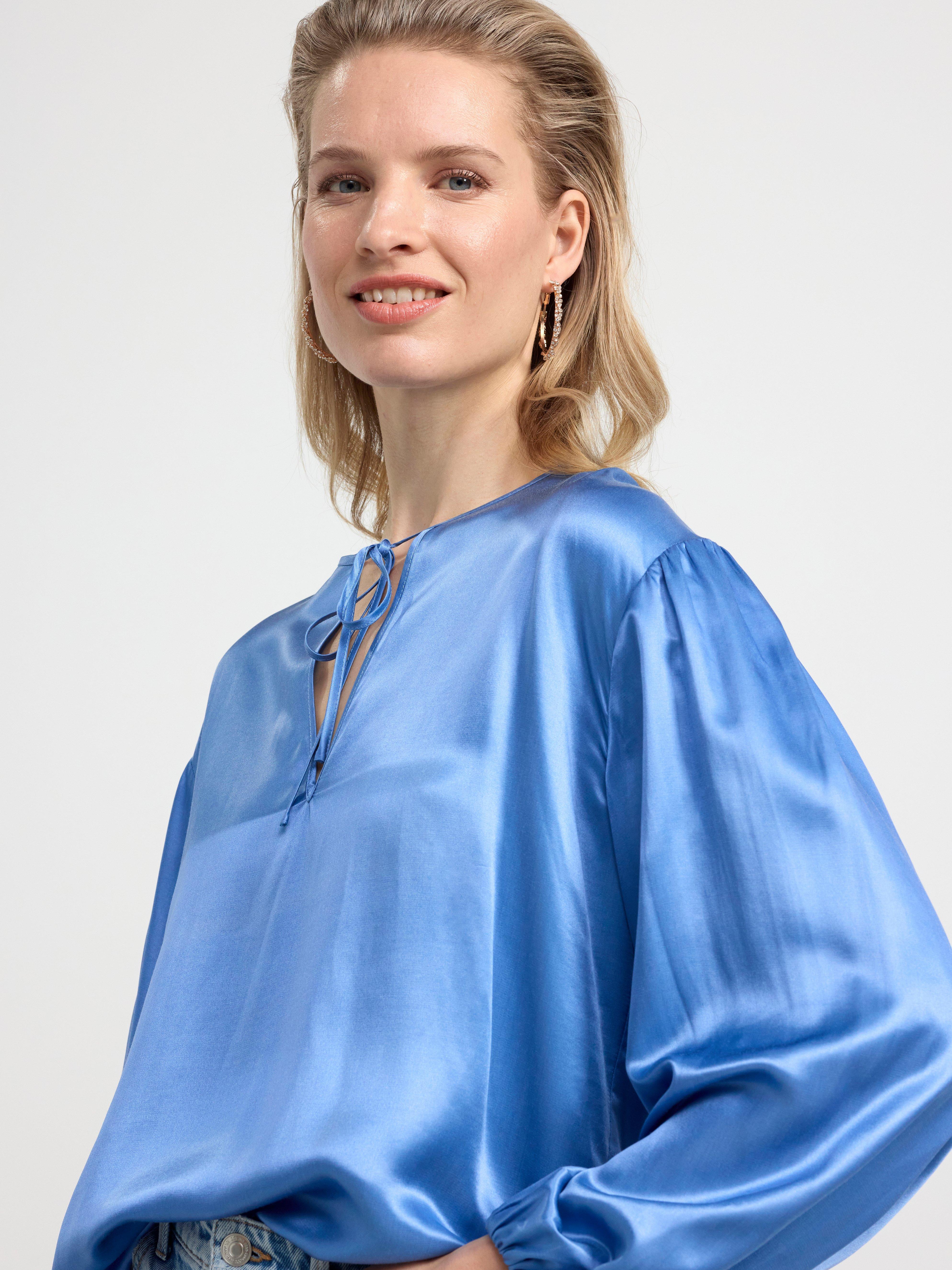 Long sleeve silk blend blouse Light Dusty Blue