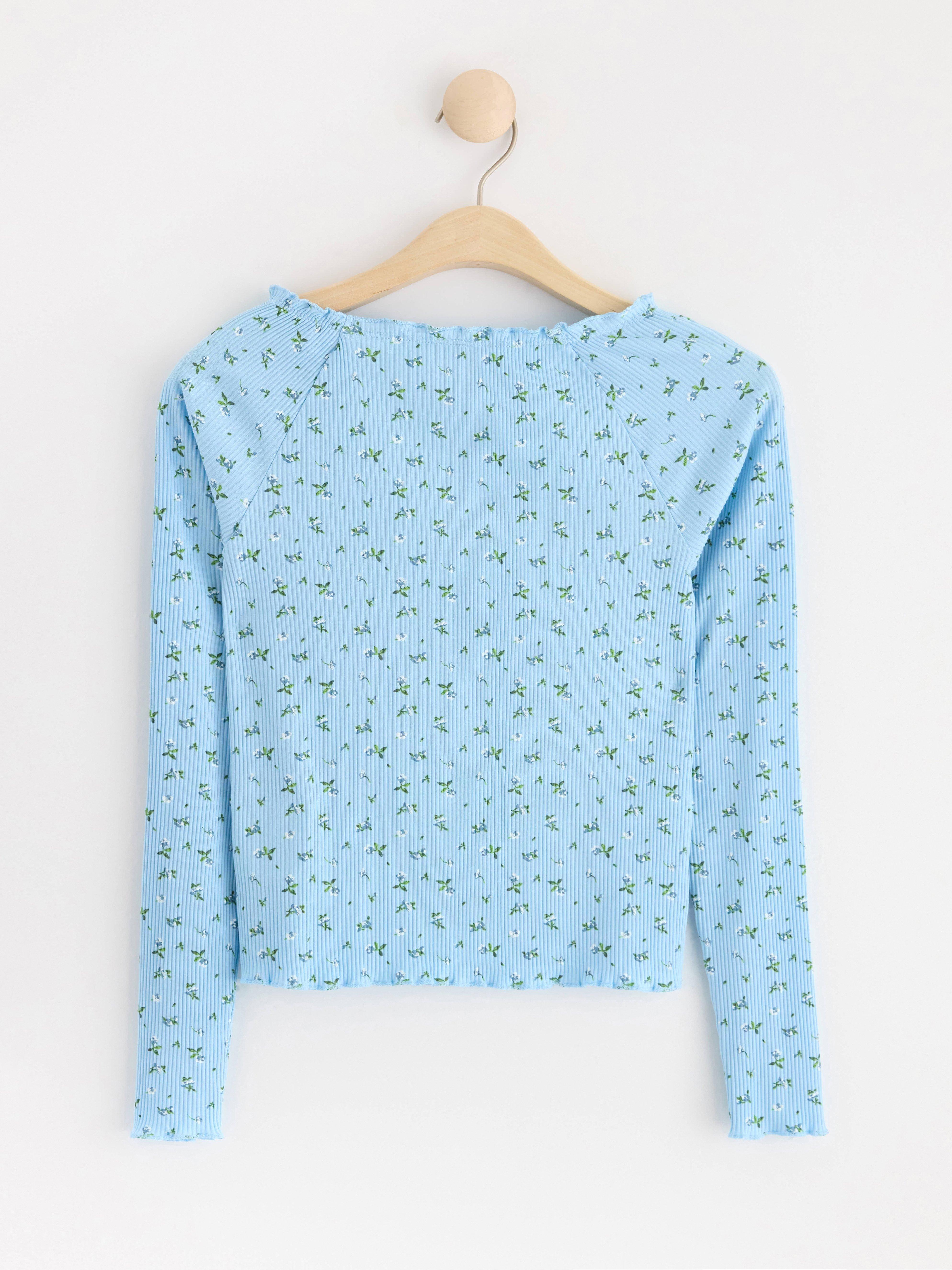 Ribbed long sleeve top with flowers Light Blue