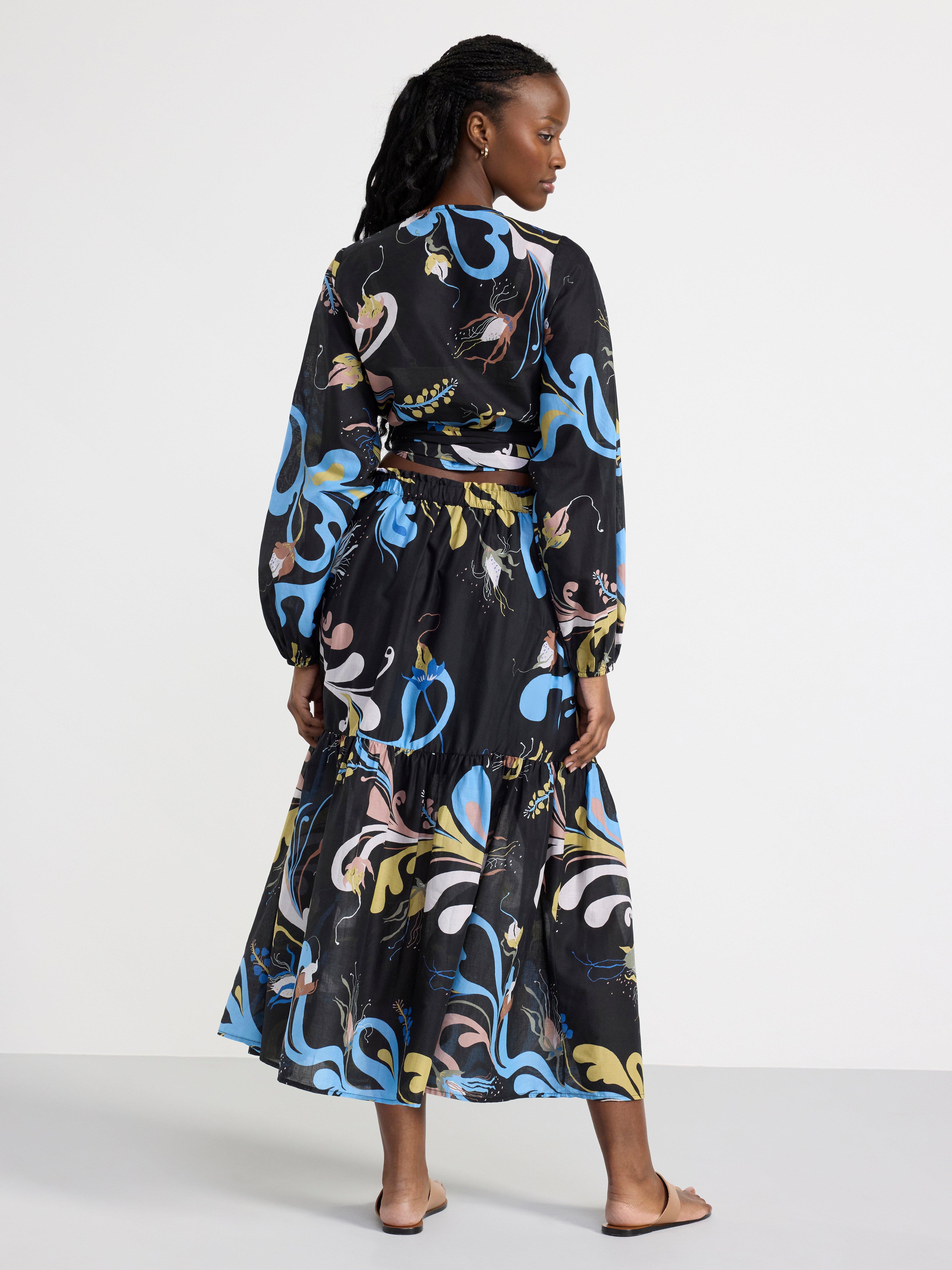 Patterned puff sleeve wrap blouse Black