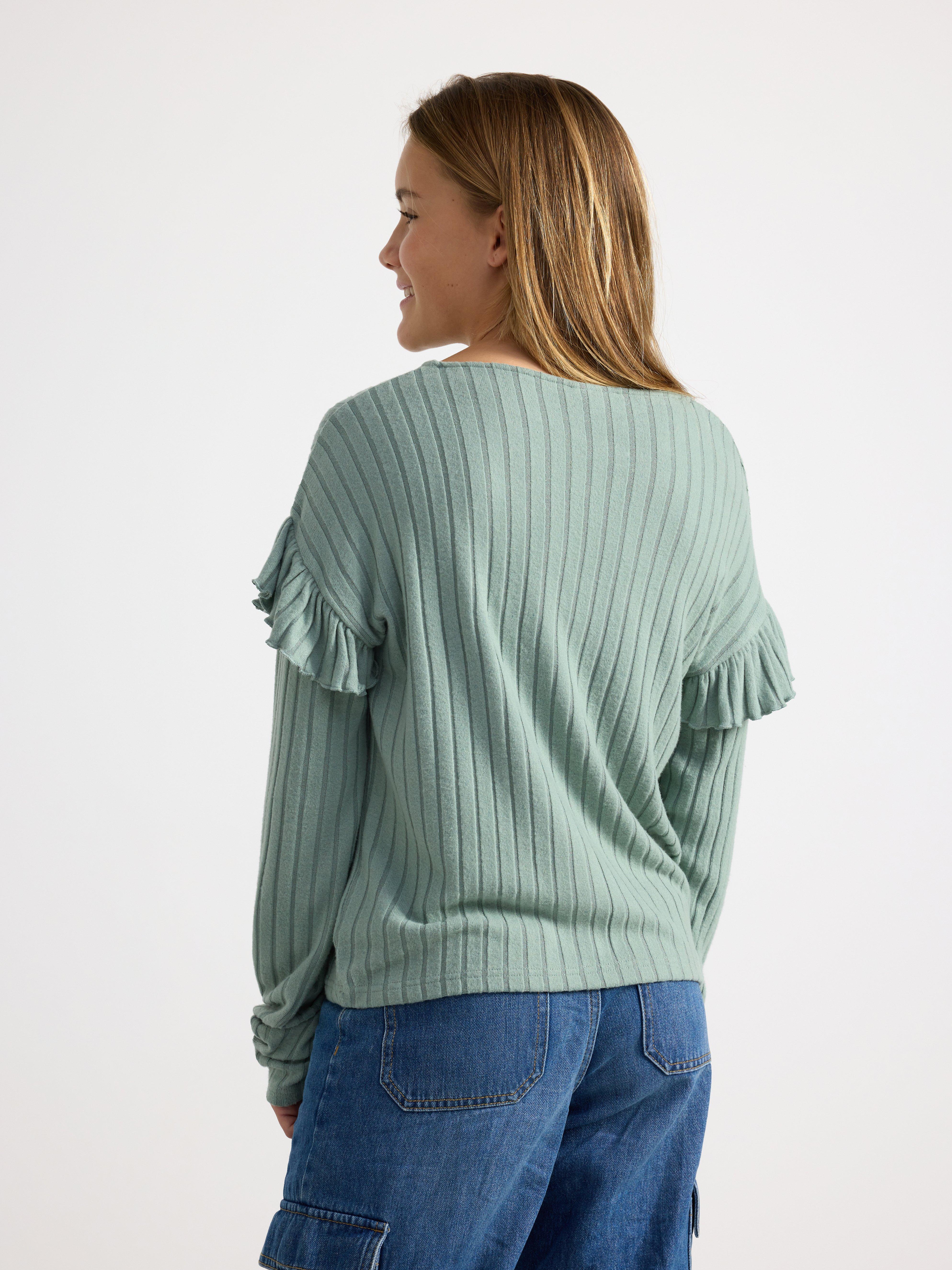 Ribbed long sleeve top with frills Light Dusty Green