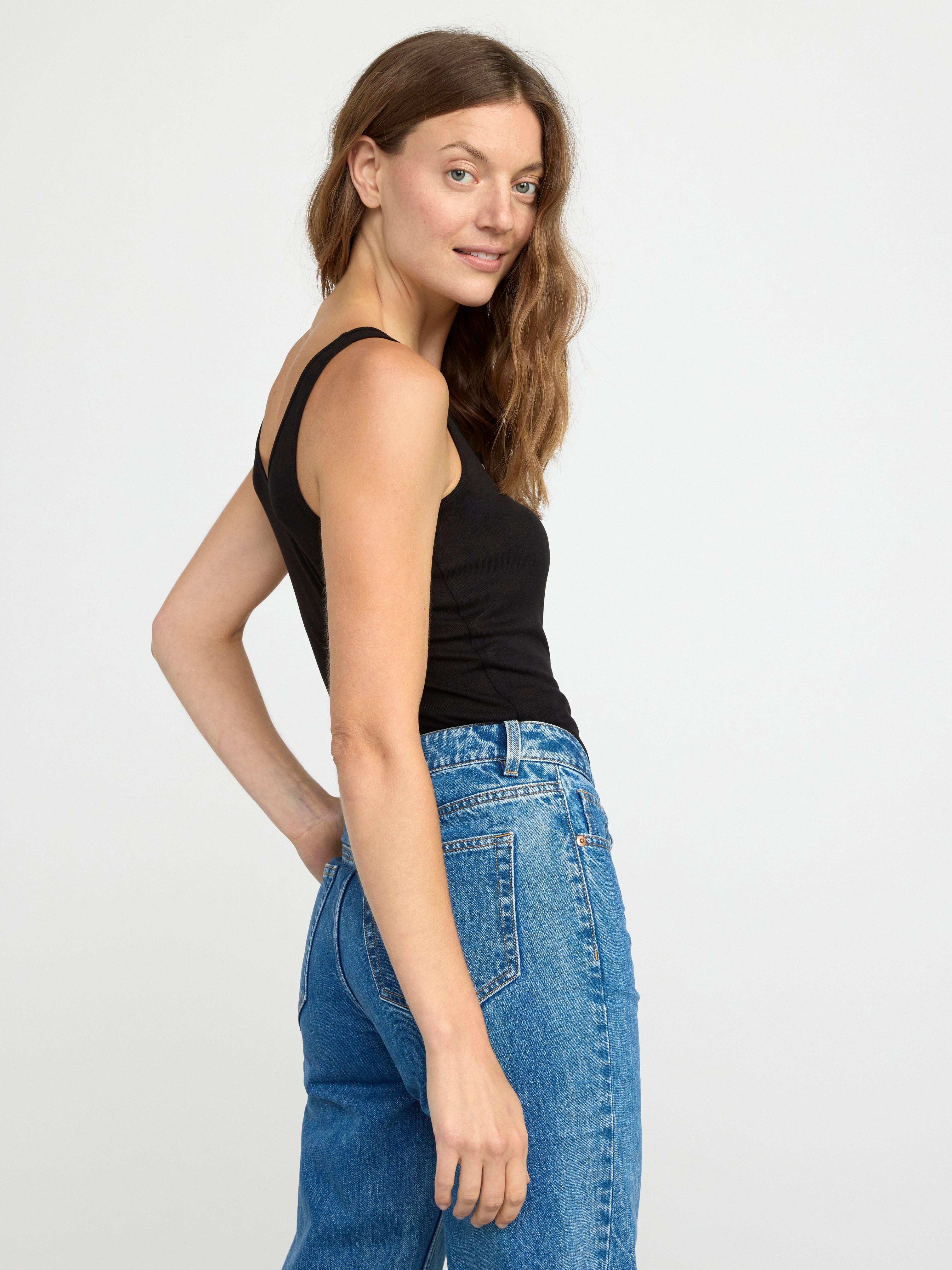 Ribbed tank top with button placket Black