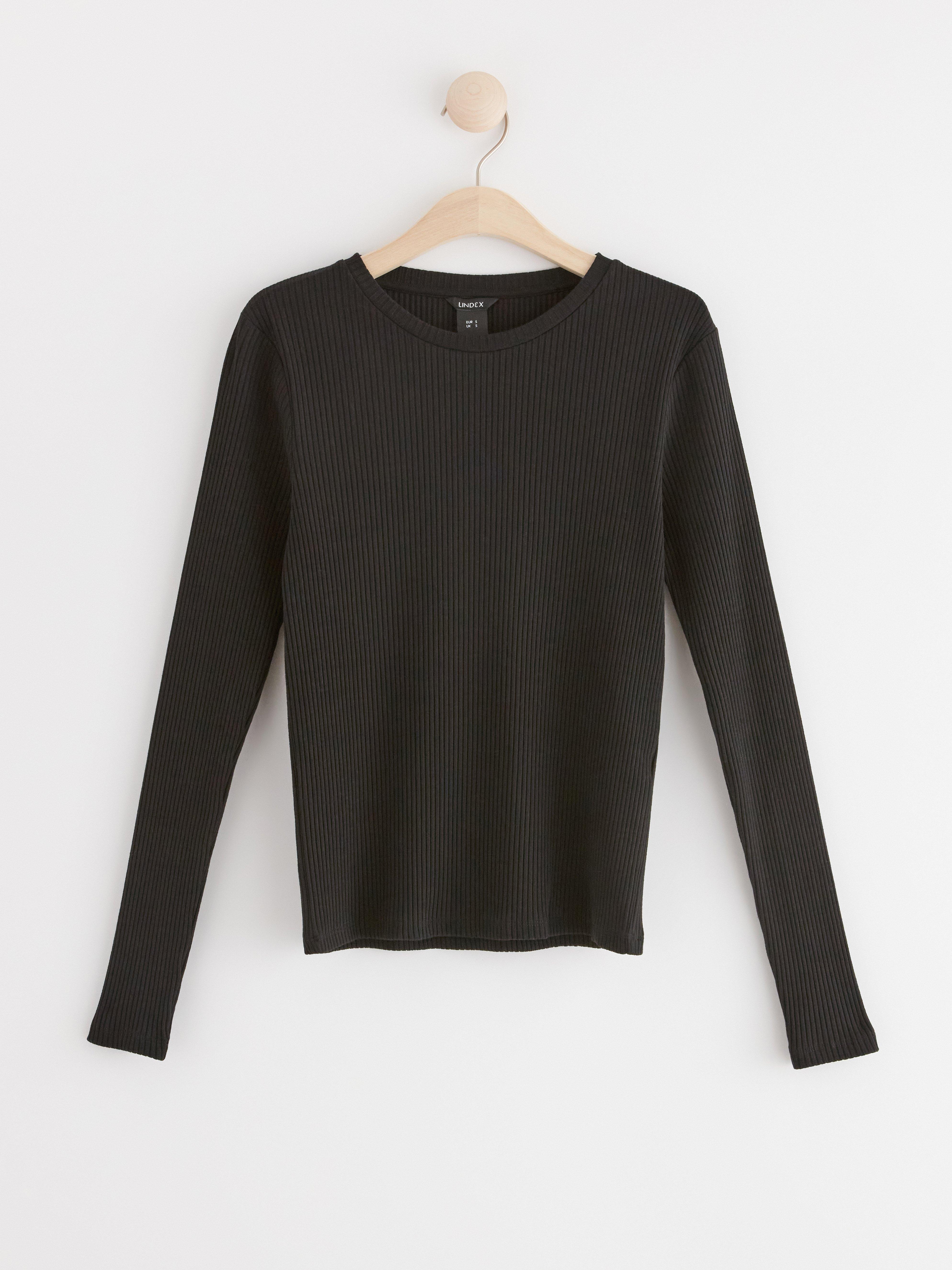 Rib-knitted long sleeve top Black