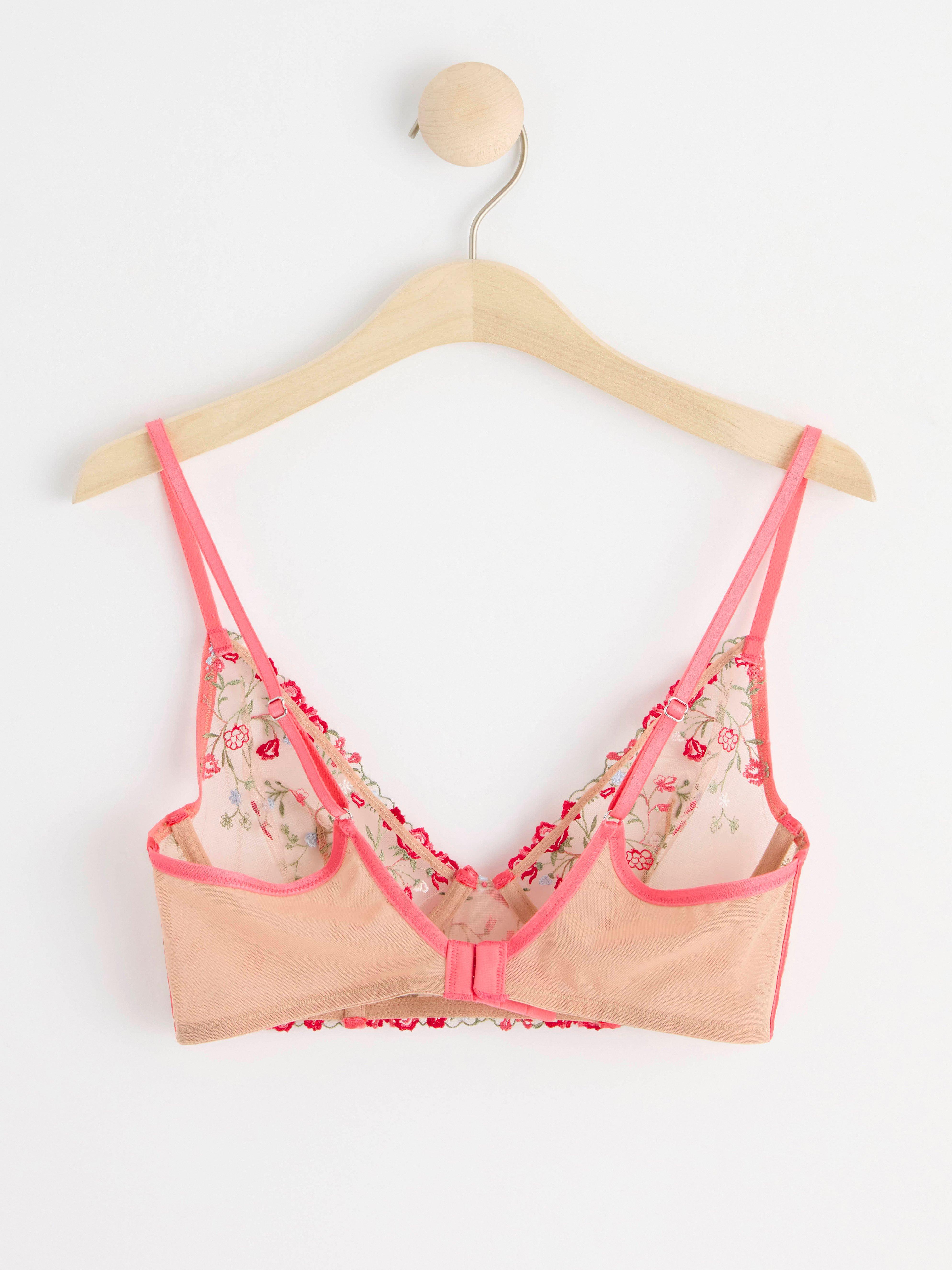 Unpadded bustier with floral lace and mesh Dark Pink