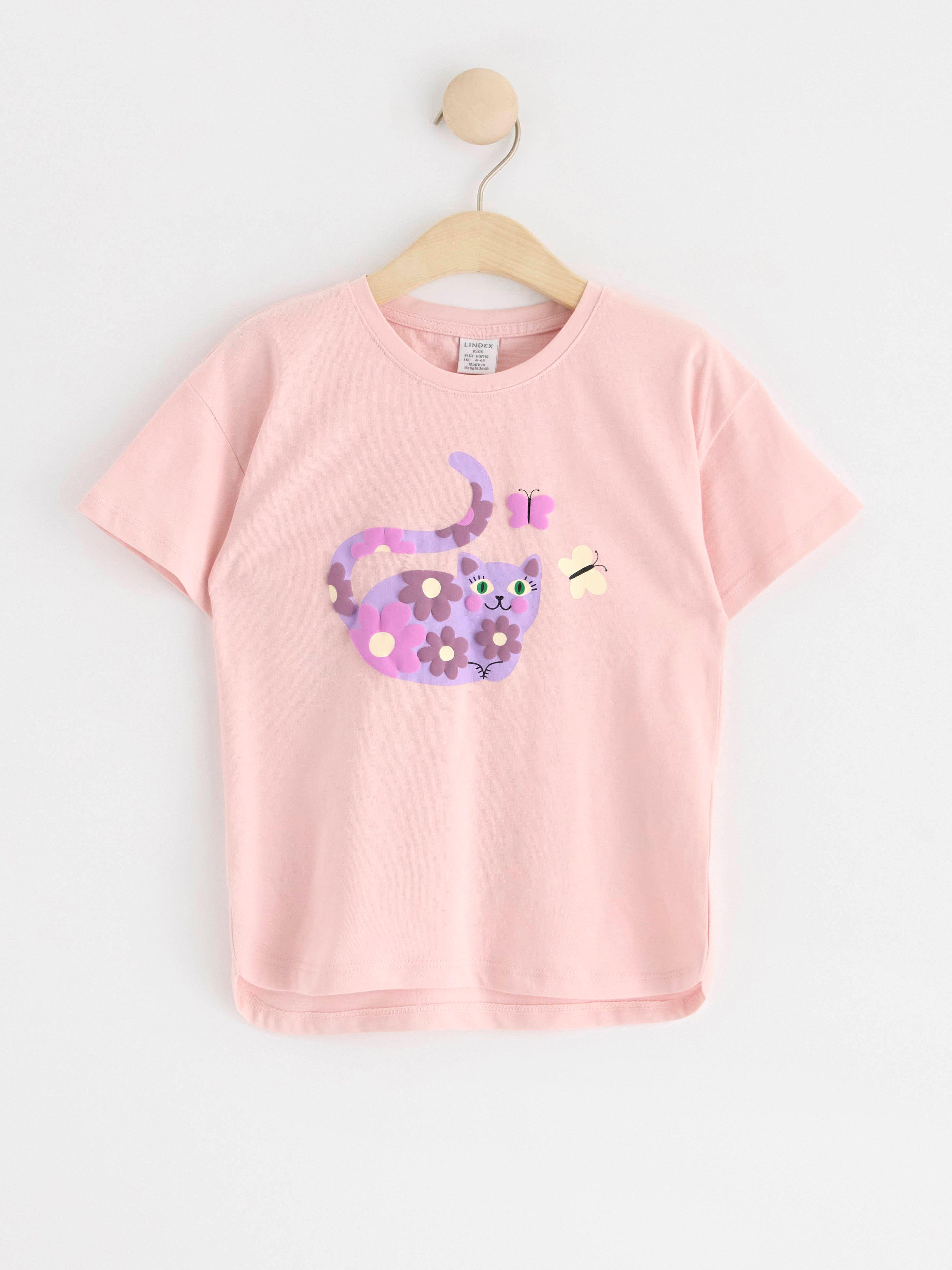 Oversize t-shirt with cat and flower print Light Dusty Pink