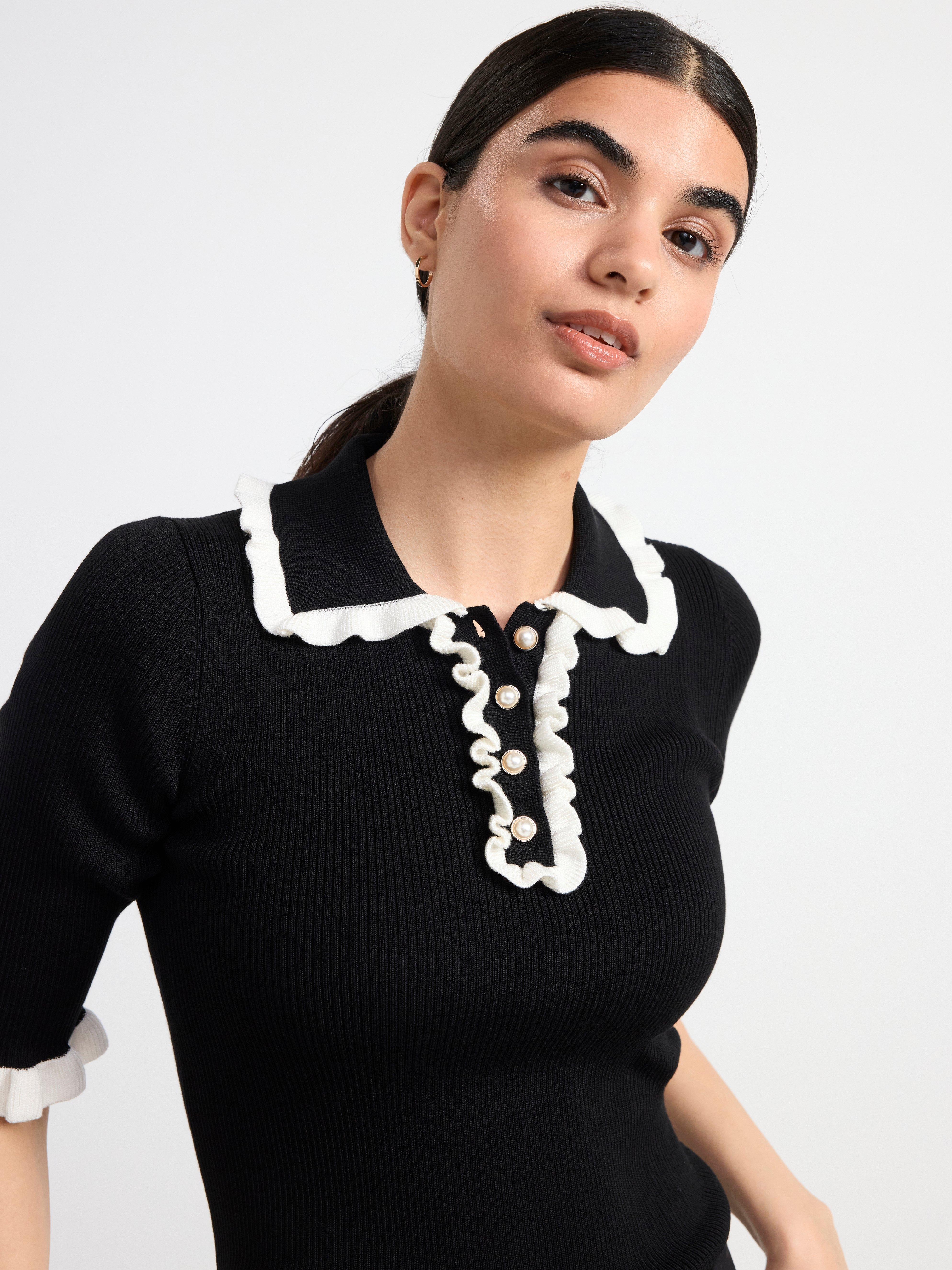 Ribbed top with frills Black