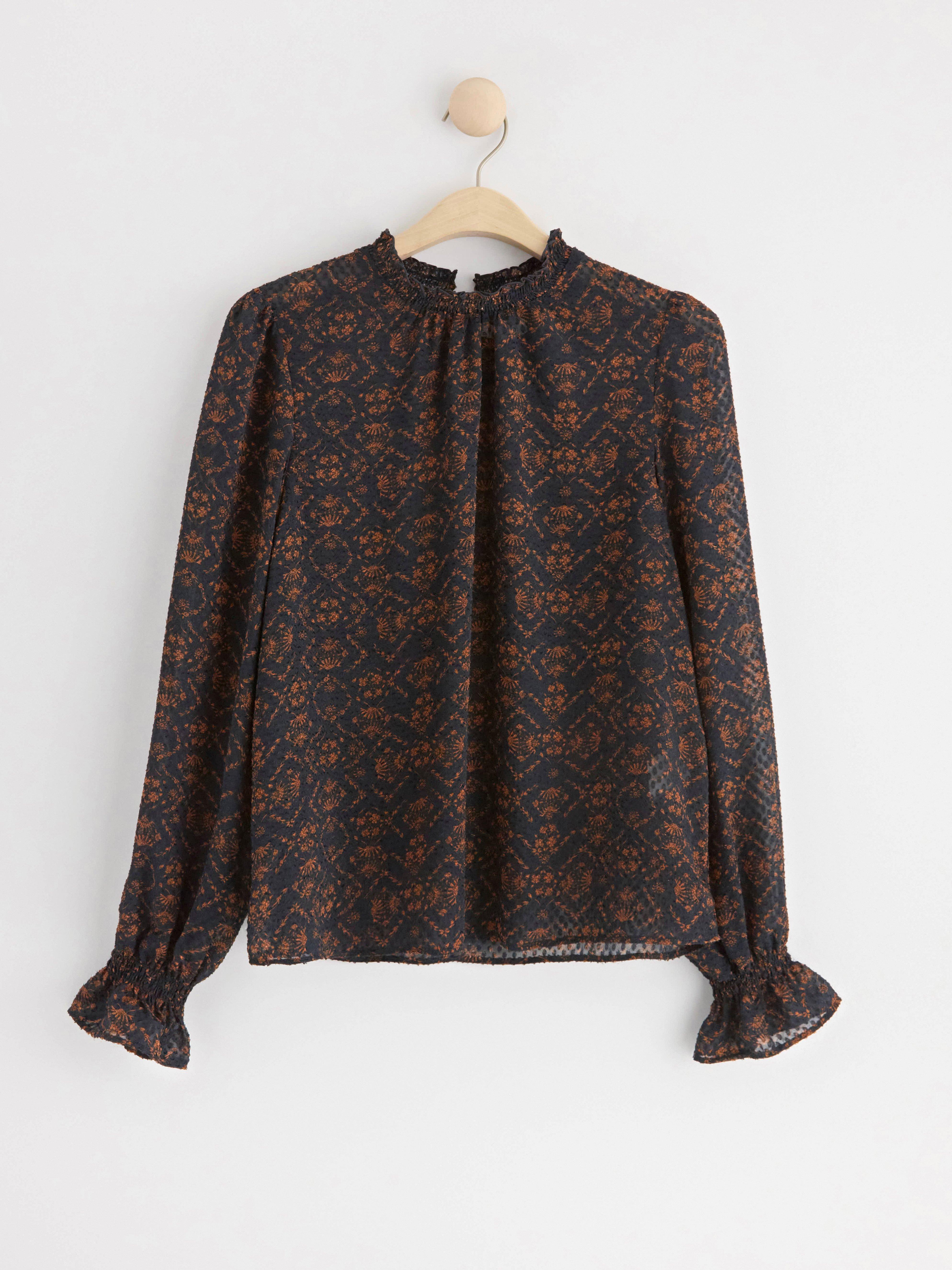 Long sleeve textured blouse with pattern Dark Navy