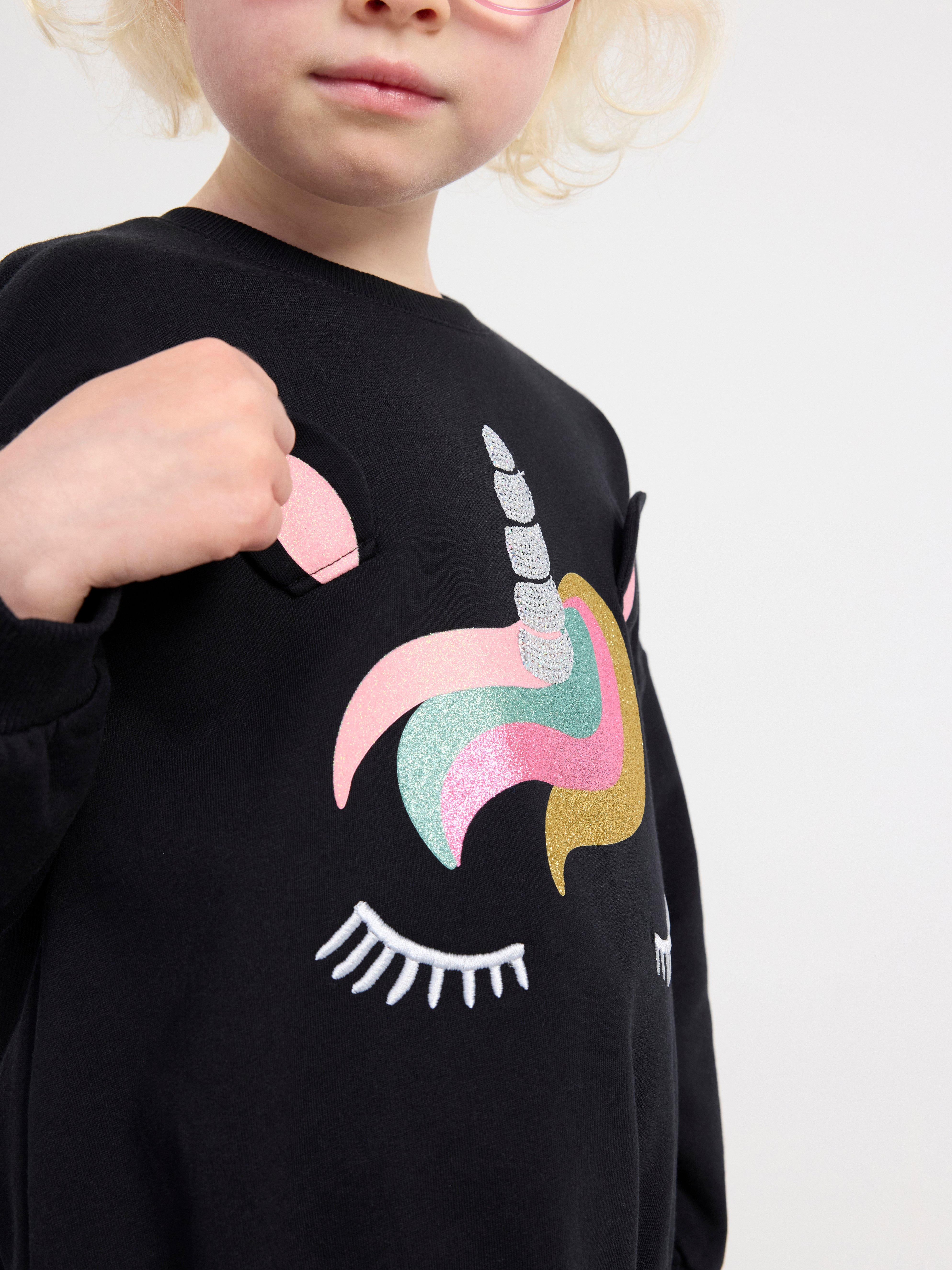 Sweatshirt with brushed inside and unicorn Black