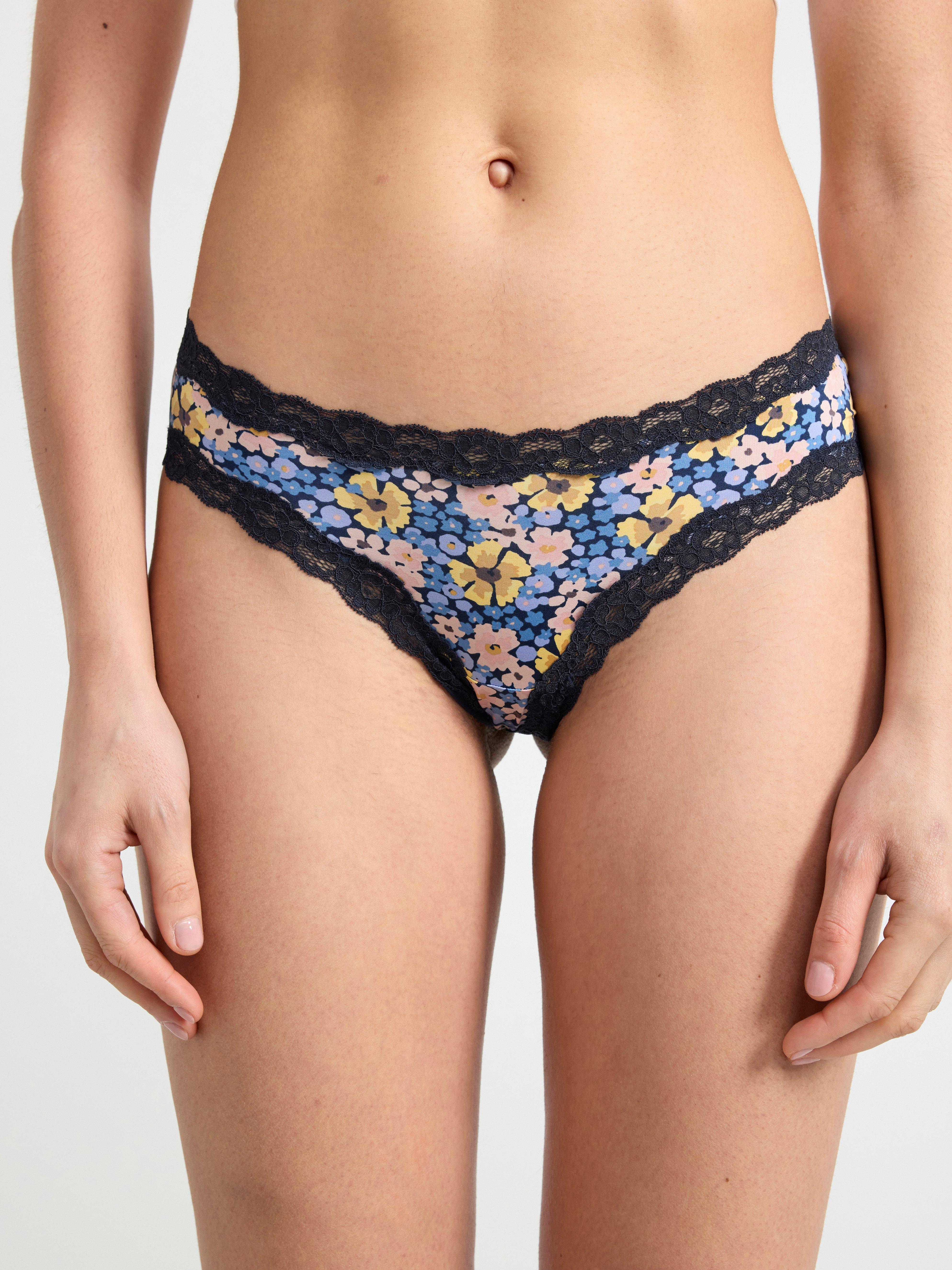 Brazilian low waist briefs with high leg cut and flowers Navy