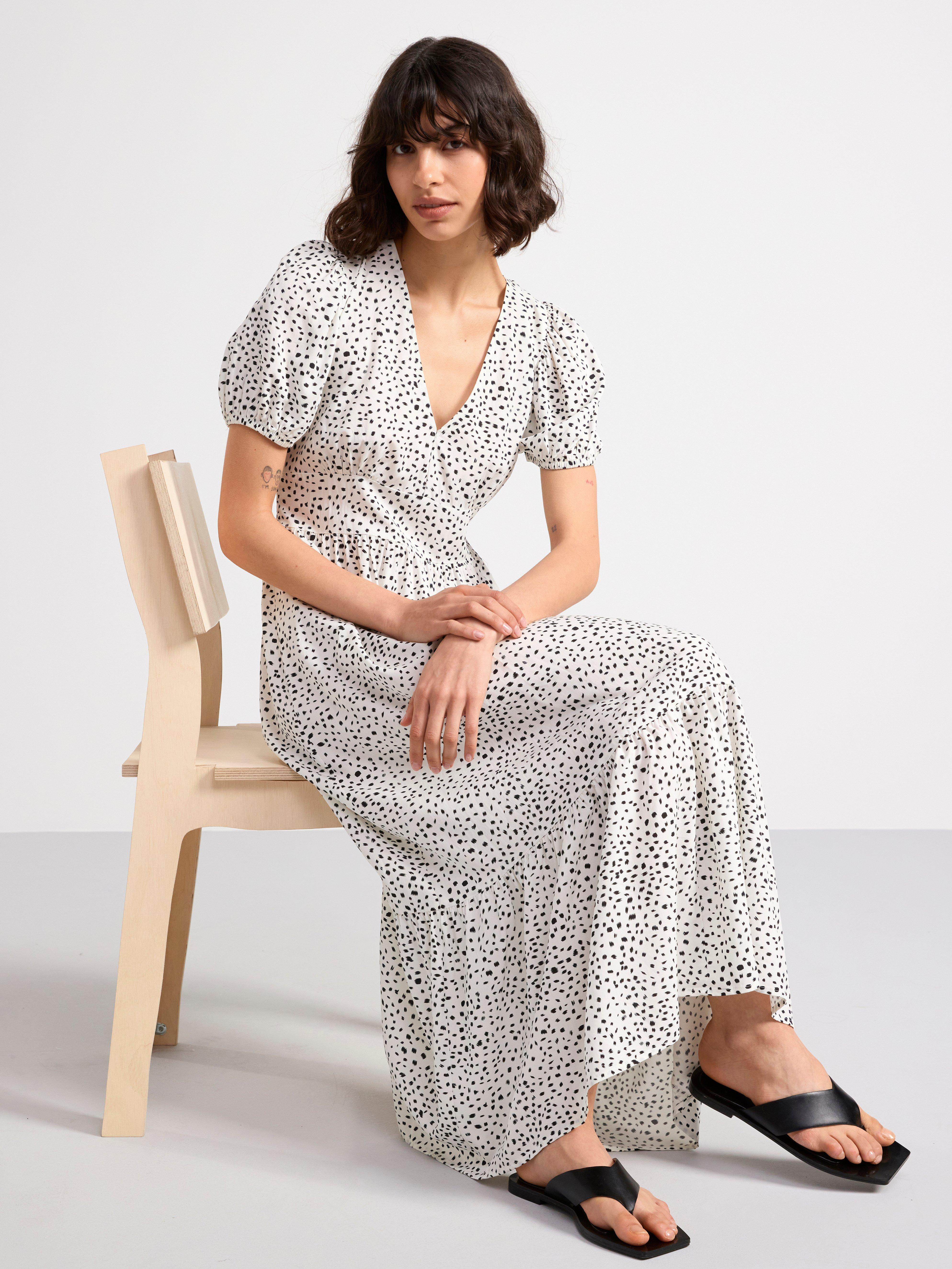 Patterned puff sleeve dress Light White