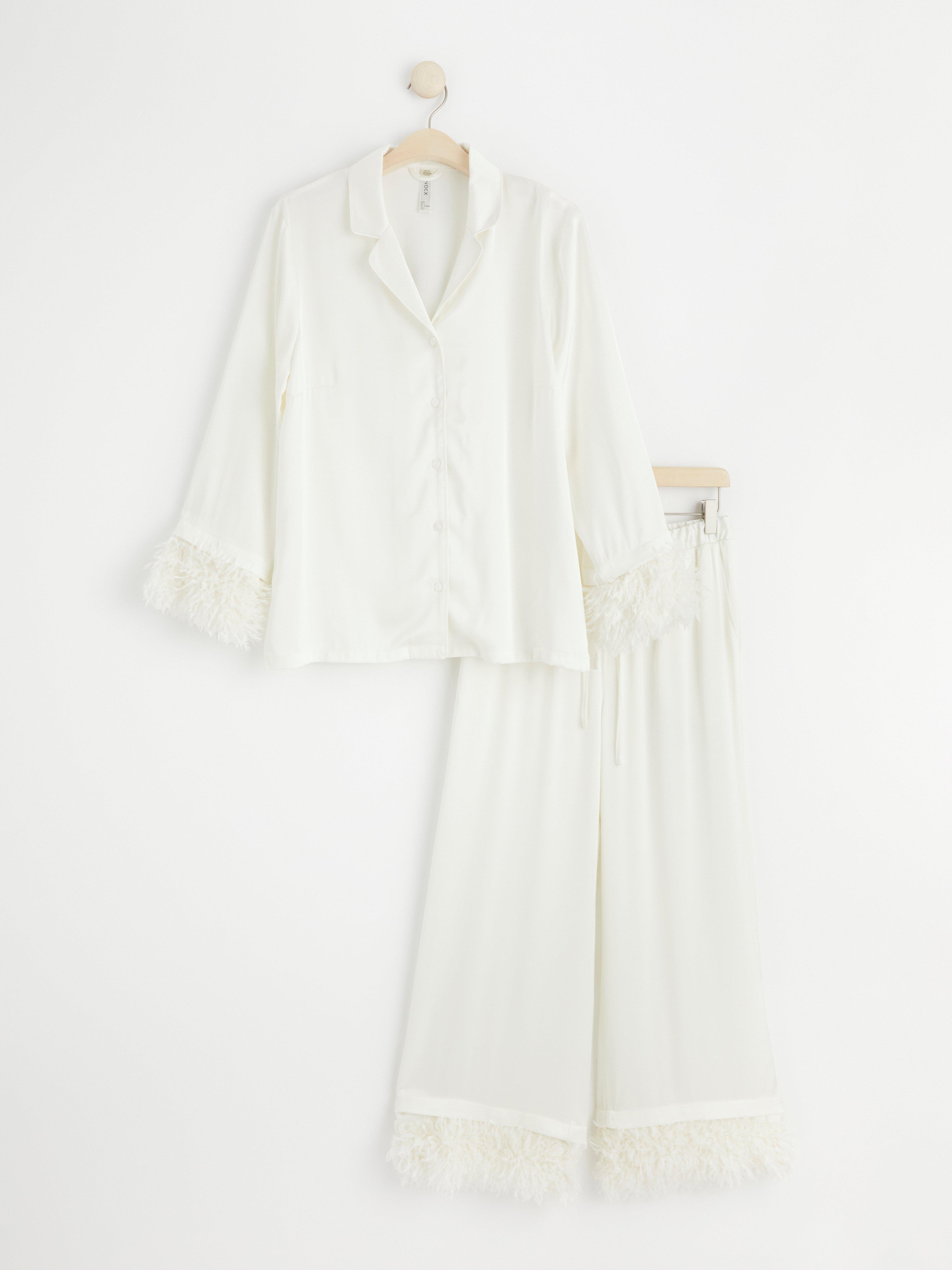 Satin pyjama set with faux feathers Light White