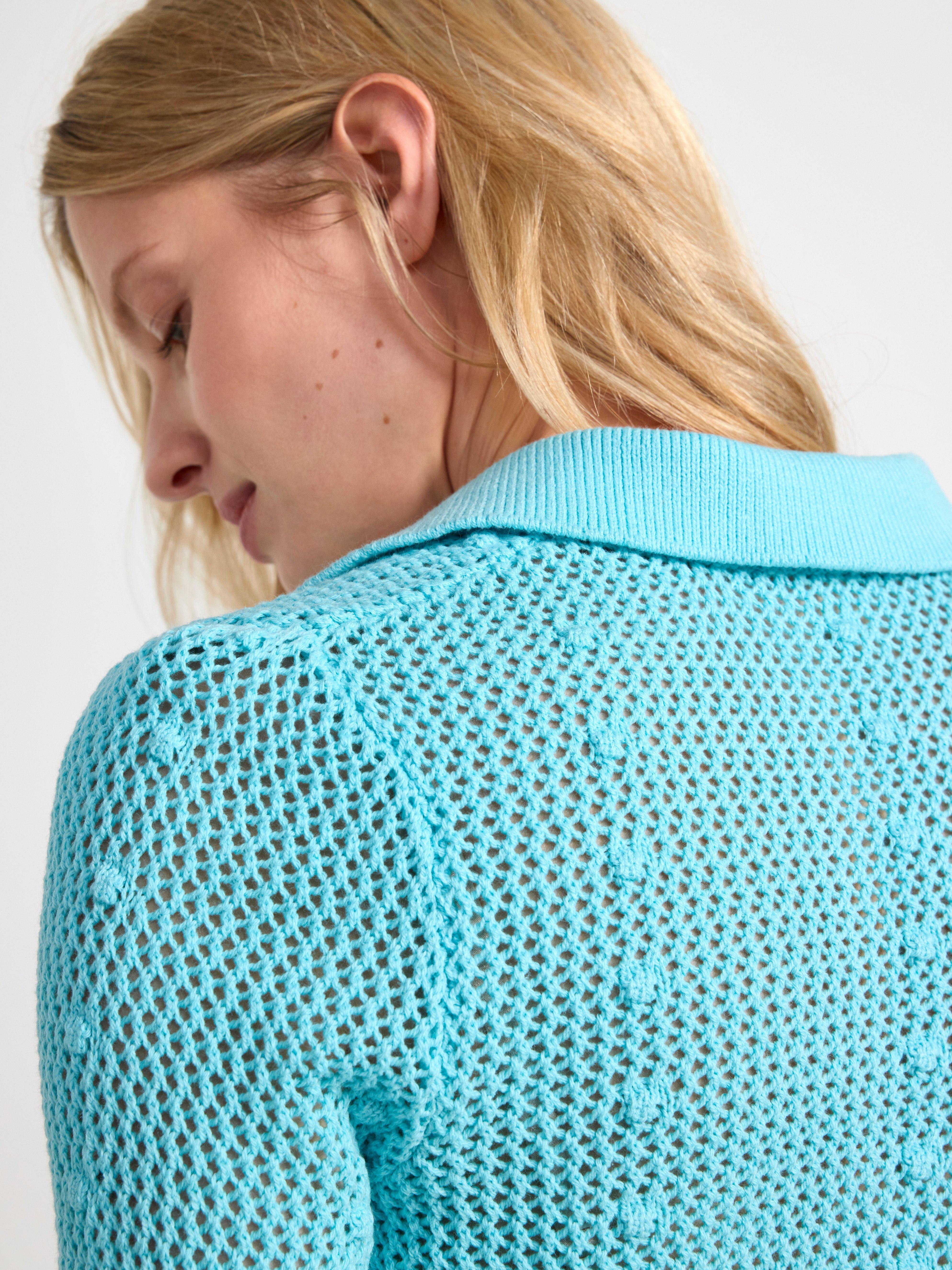 Knitted short sleeve top with collar Light Turquoise