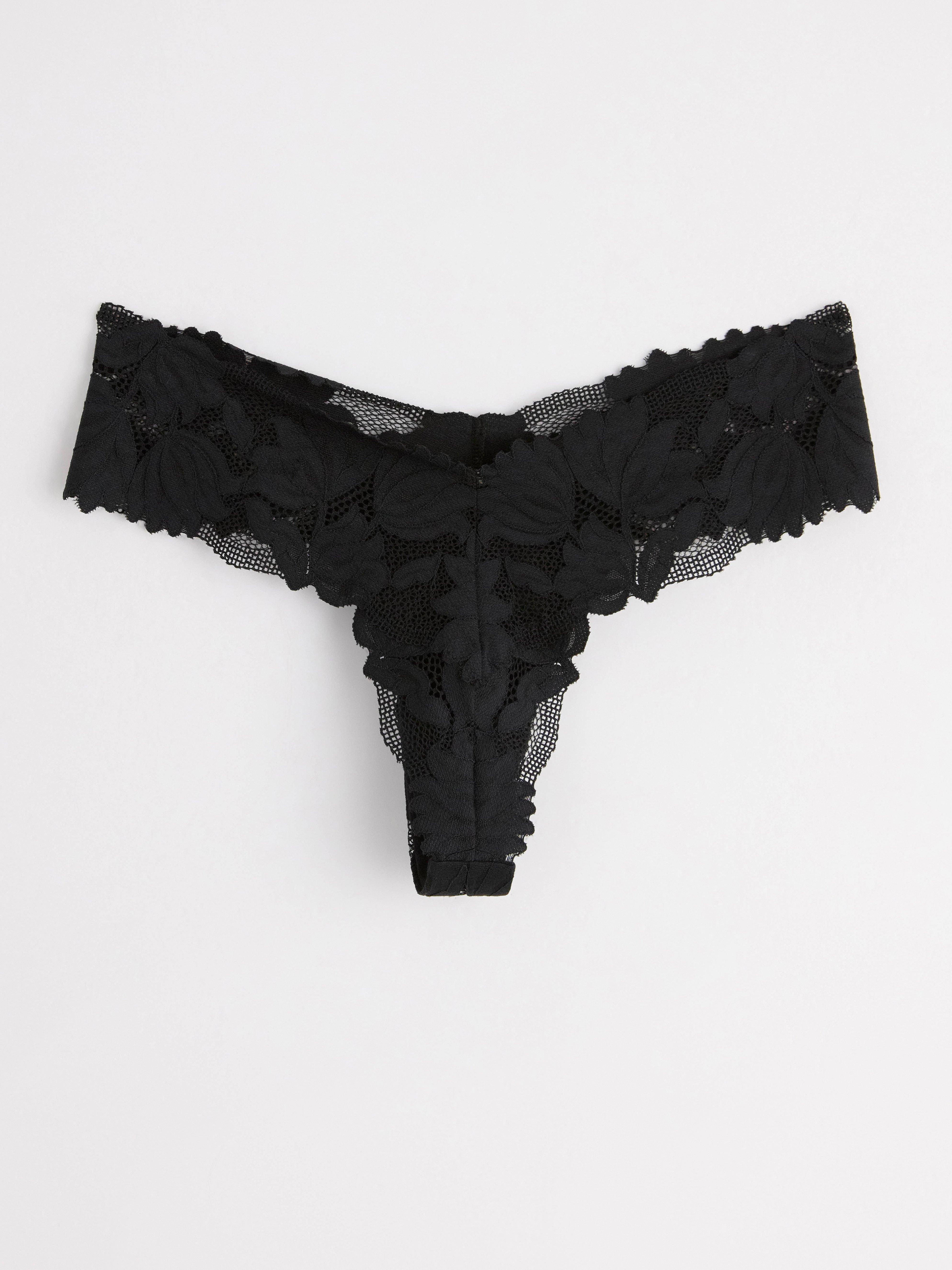 Thong low waist with mesh and lace Black