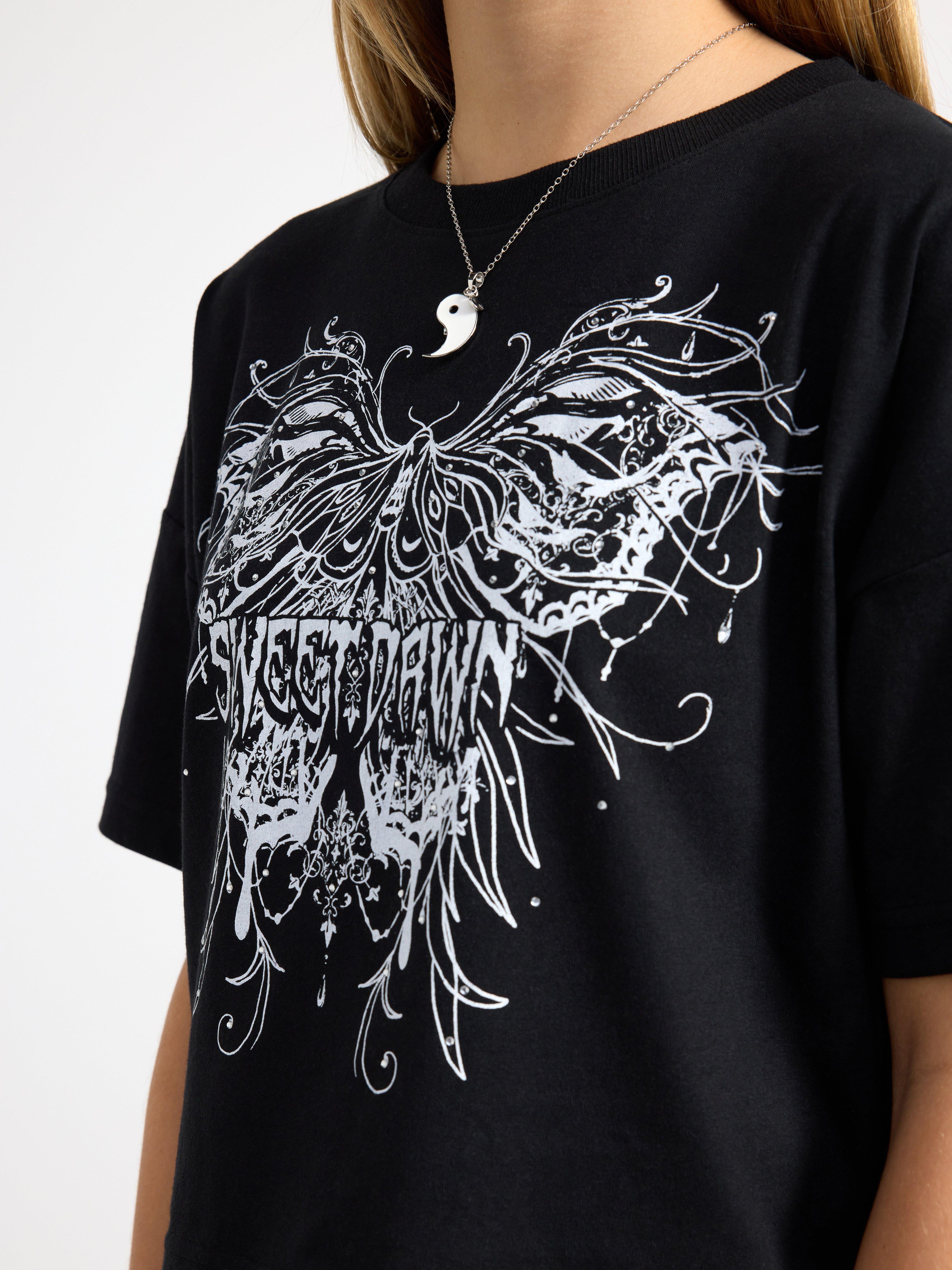 Short sleeve top with butterfly Black