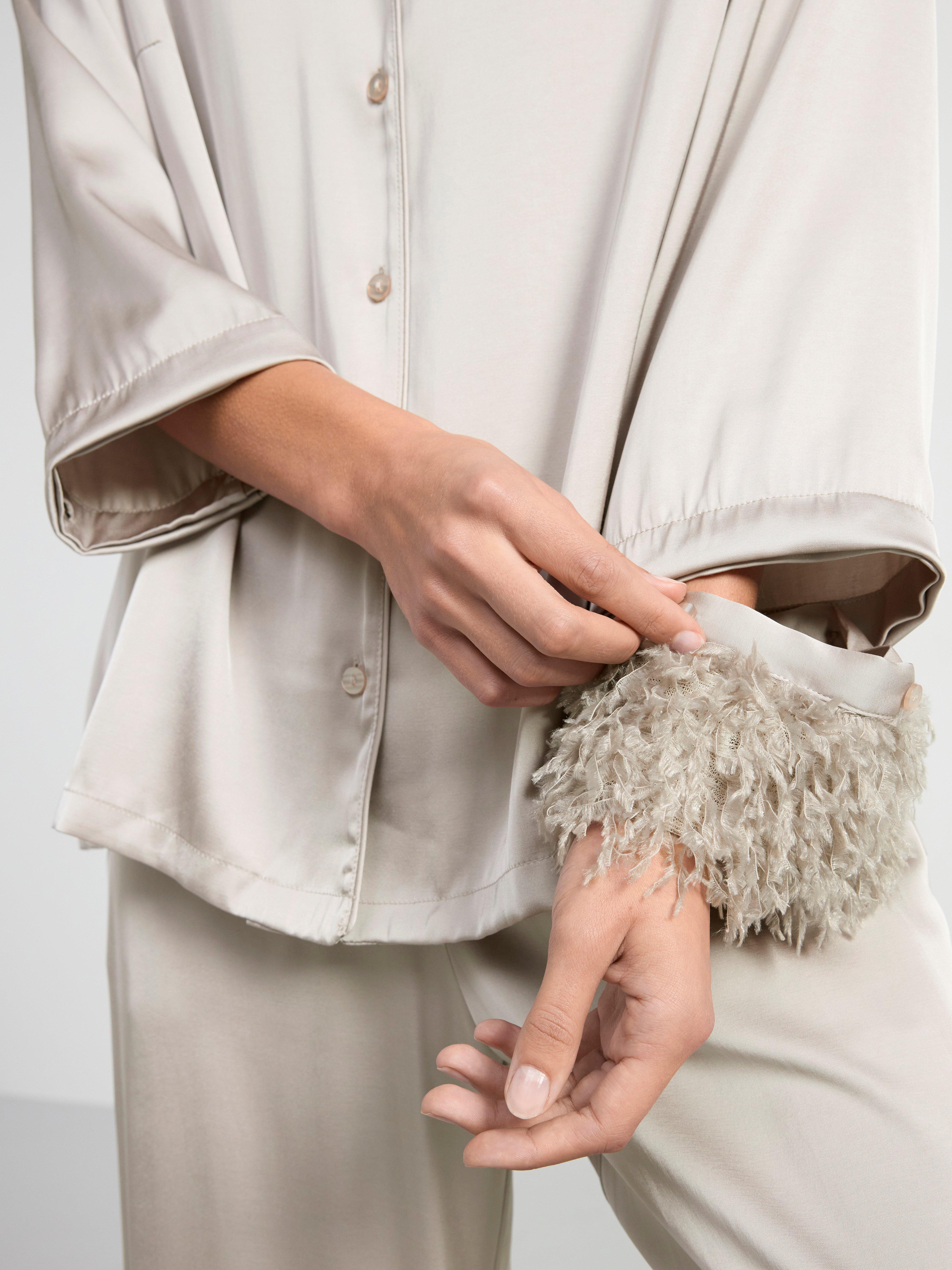 Satin pyjama set with faux feathers Light Dusty Grey