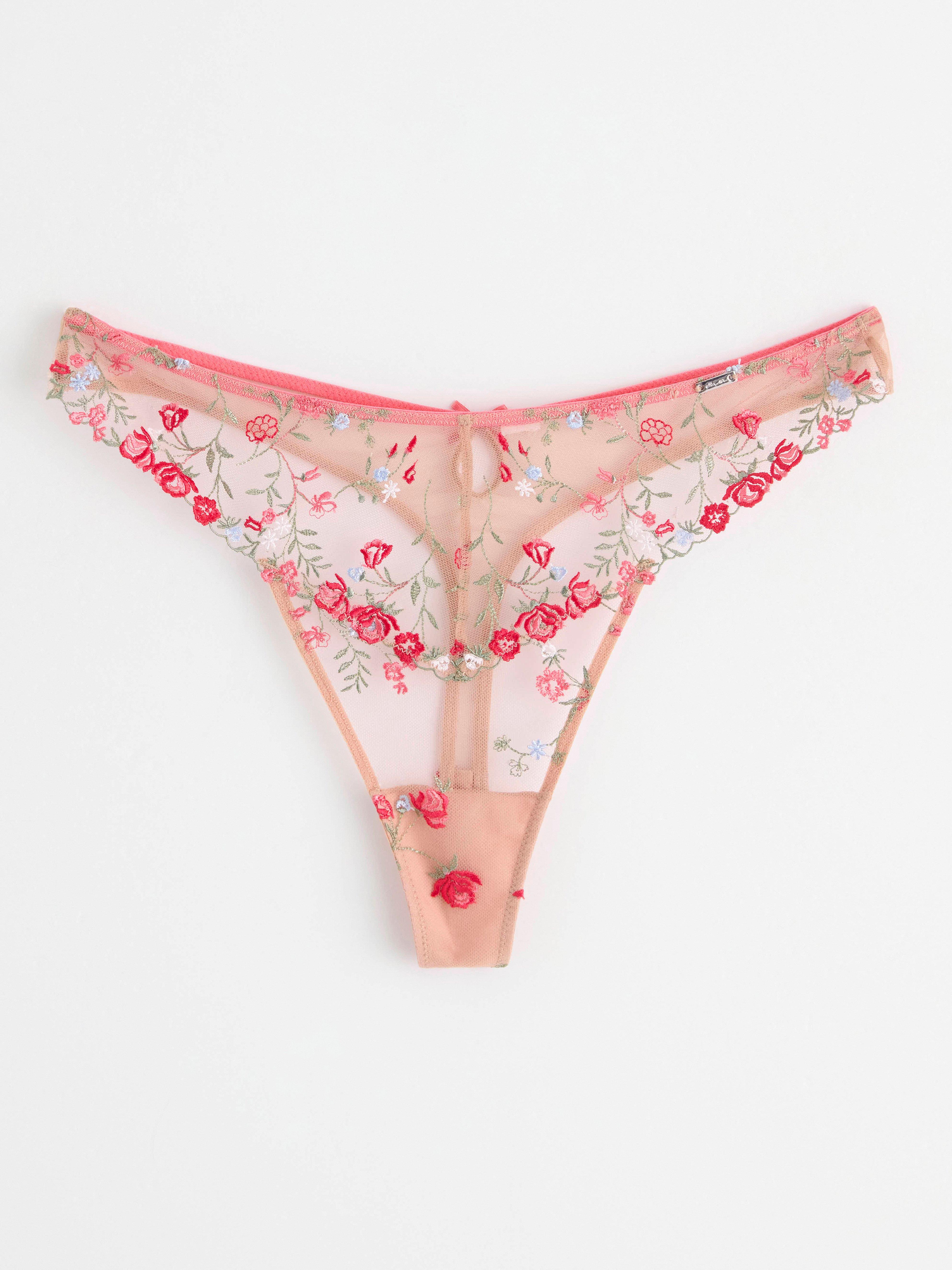 Thong low waist with lace flowers Dark Pink