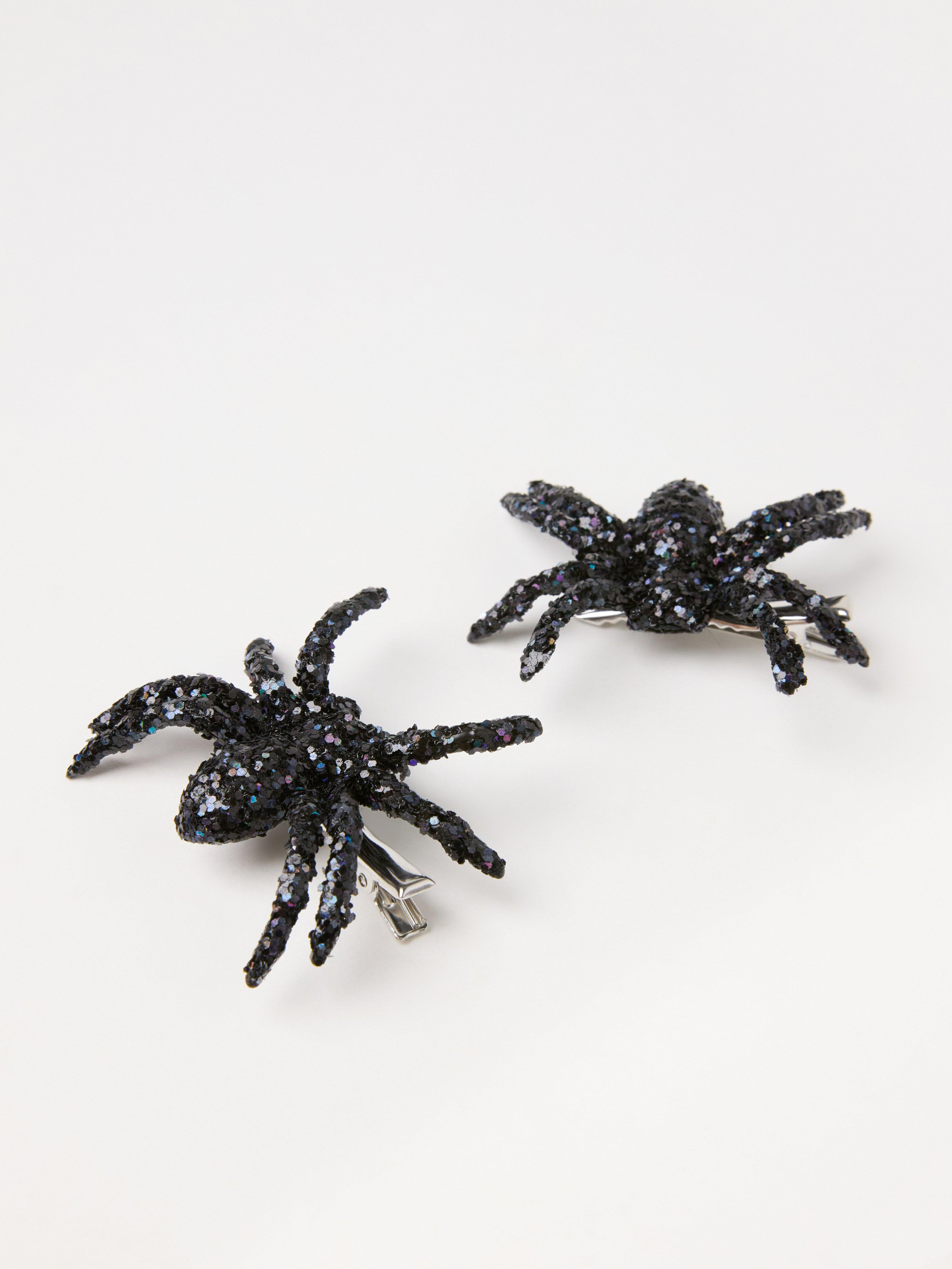 2-pack hair clip with glittery spiders Black