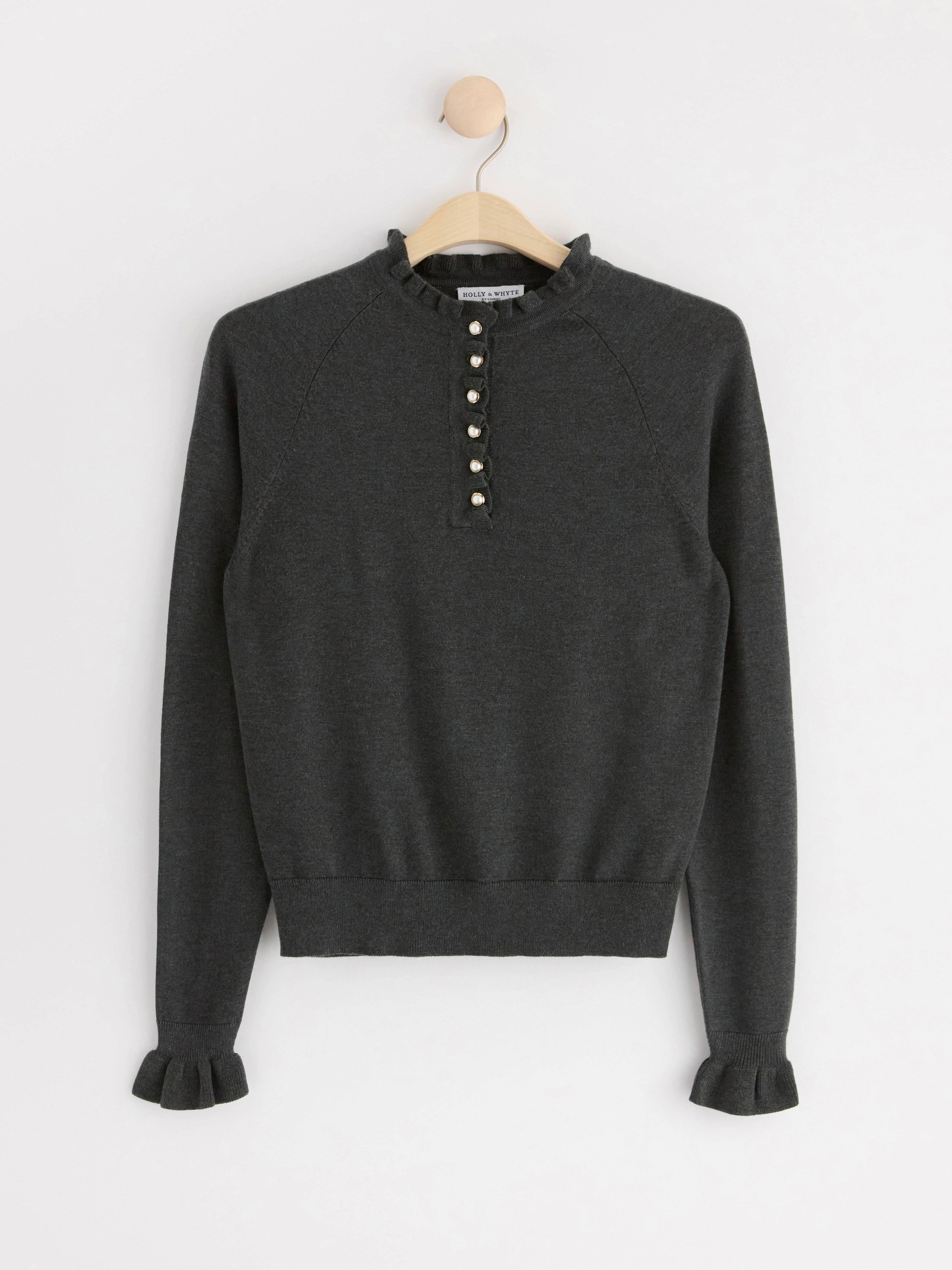 Fine-knit jumper with frill collar Dark Grey Melange