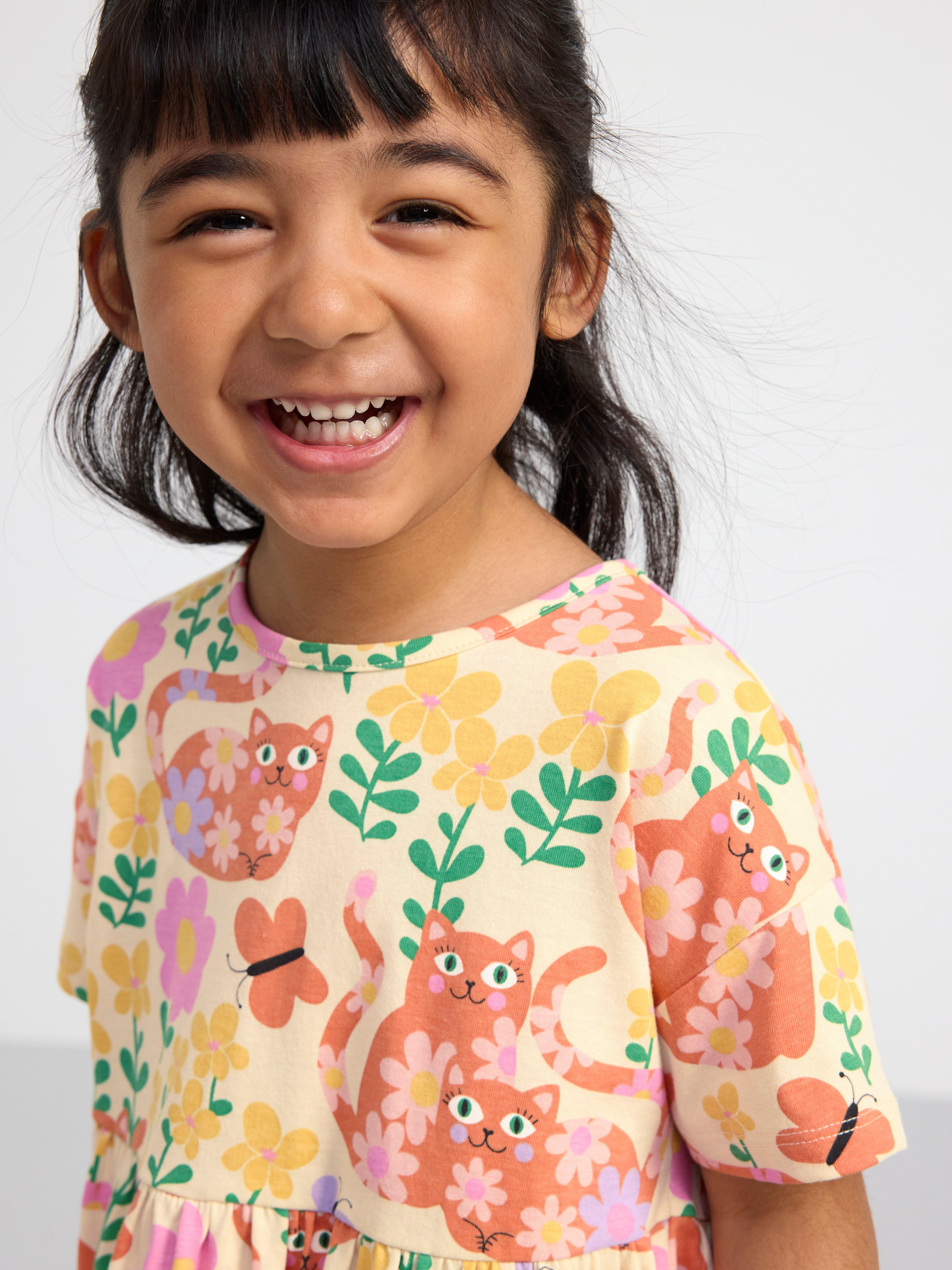 Short sleeve dress with cats and flowers Light Beige
