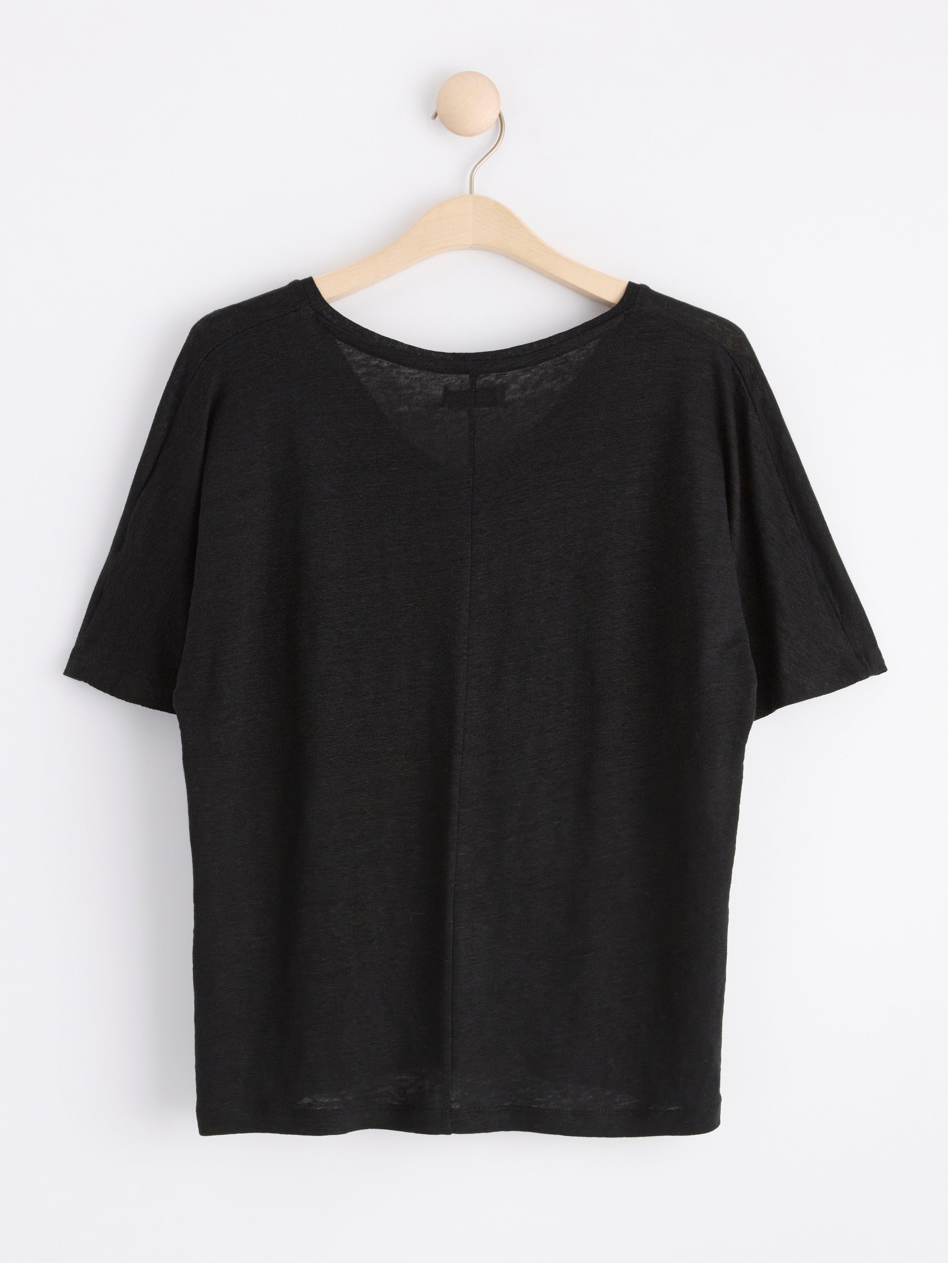 Short sleeve v-neck linen top Black