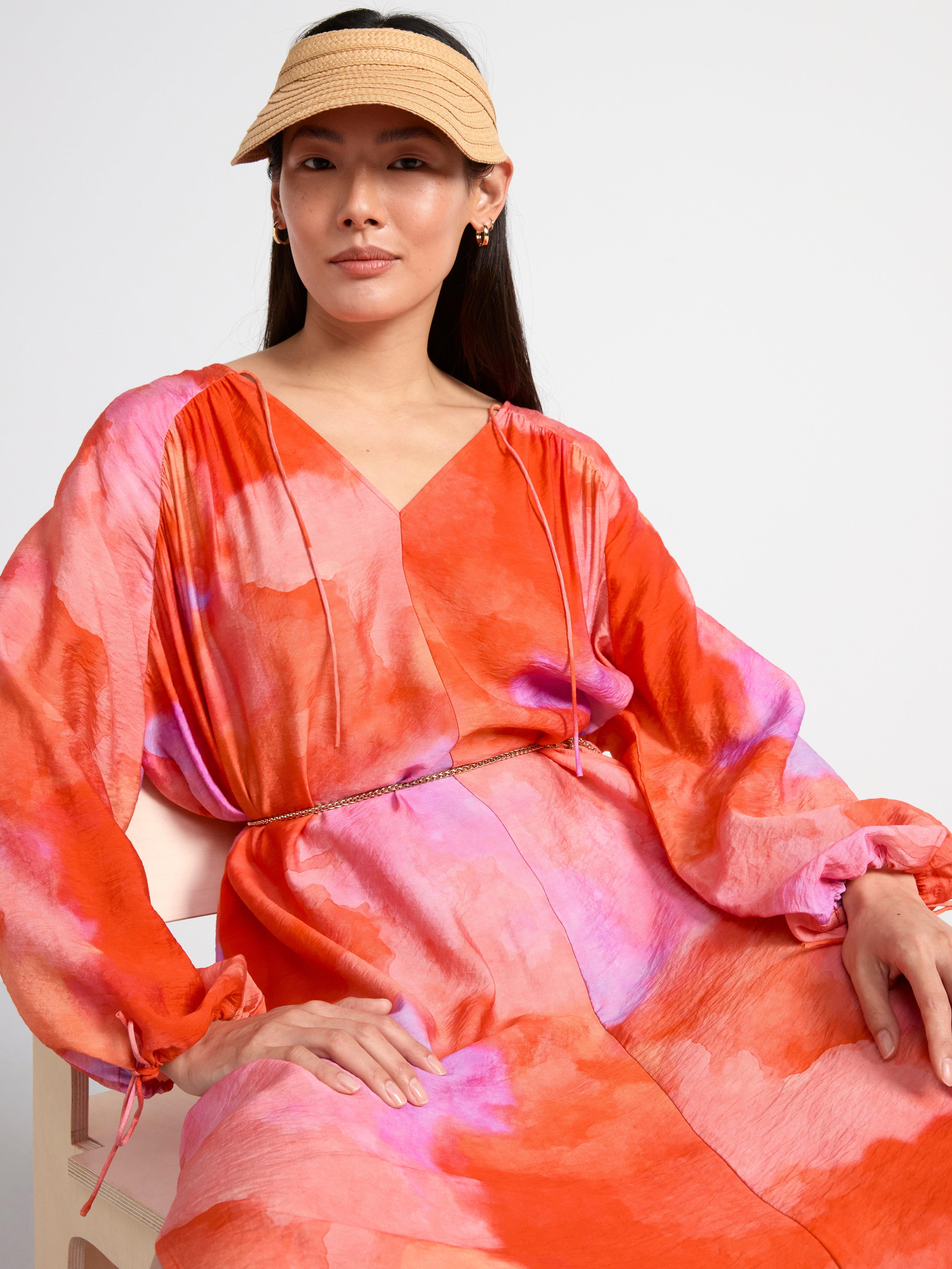 Patterned long sleeve kaftan dress pink