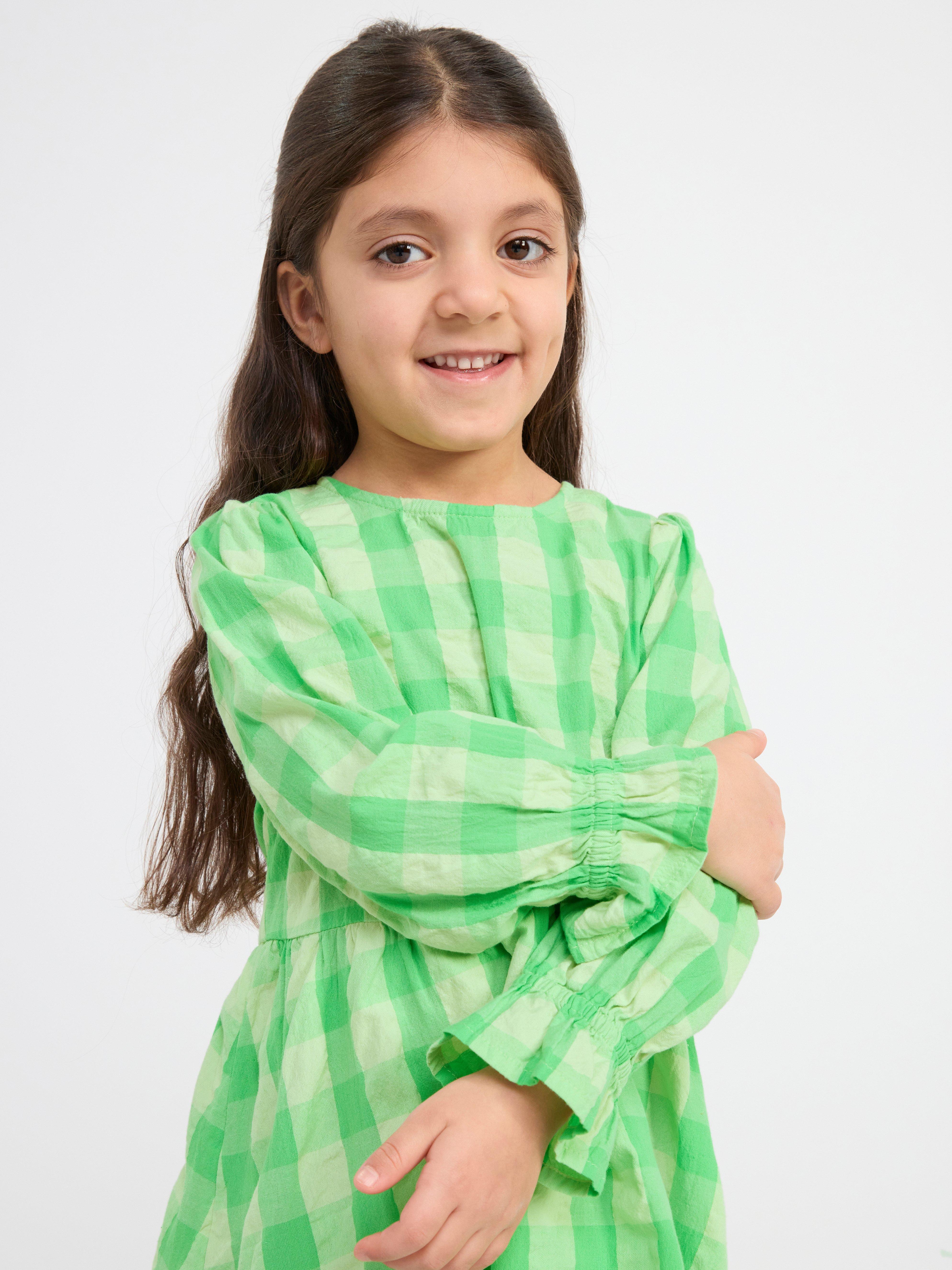 Long sleeve checked dress Light Green